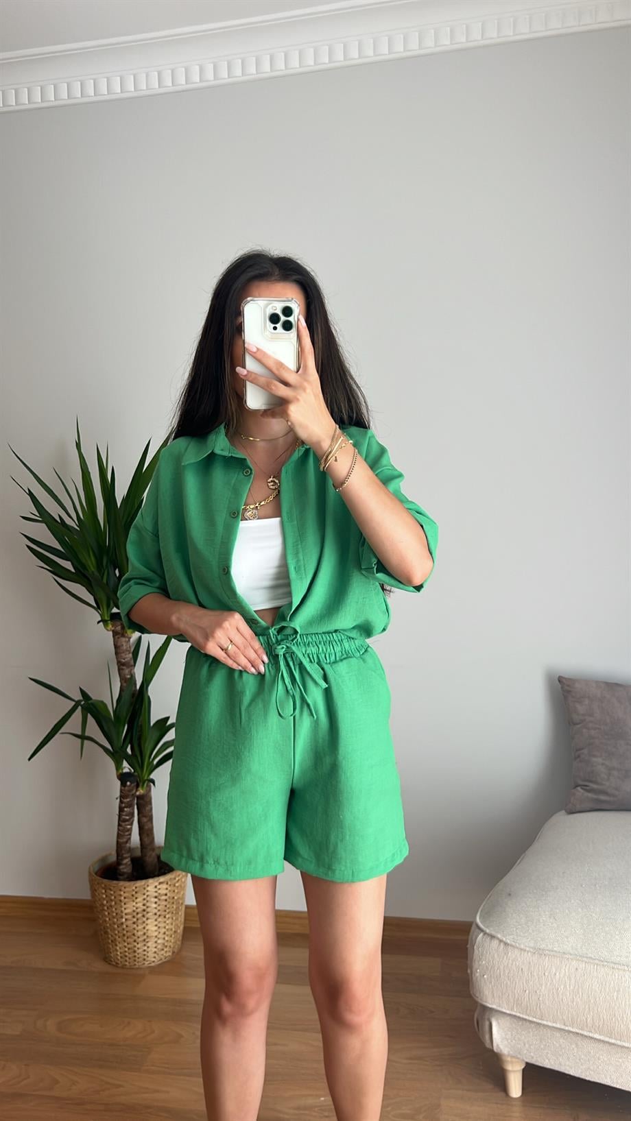 NİCE YEŞİL PAMUKLU ŞORTLU TAKIM