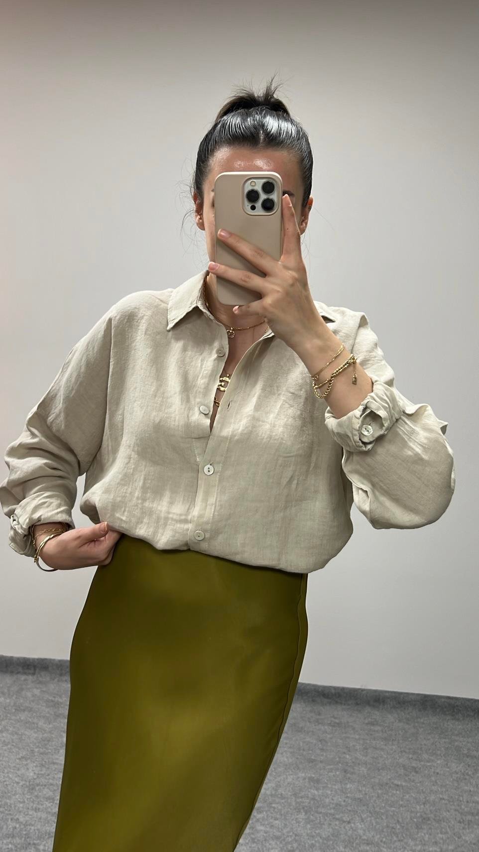 OLIVE HAM KETEN OVERSIZE GÖMLEK