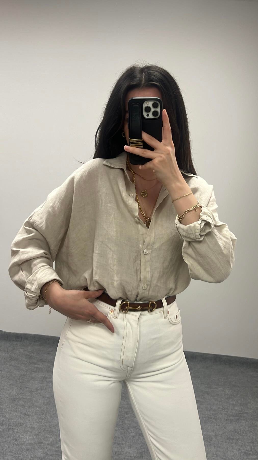 Olıve Ham Keten Oversıze Gömlek