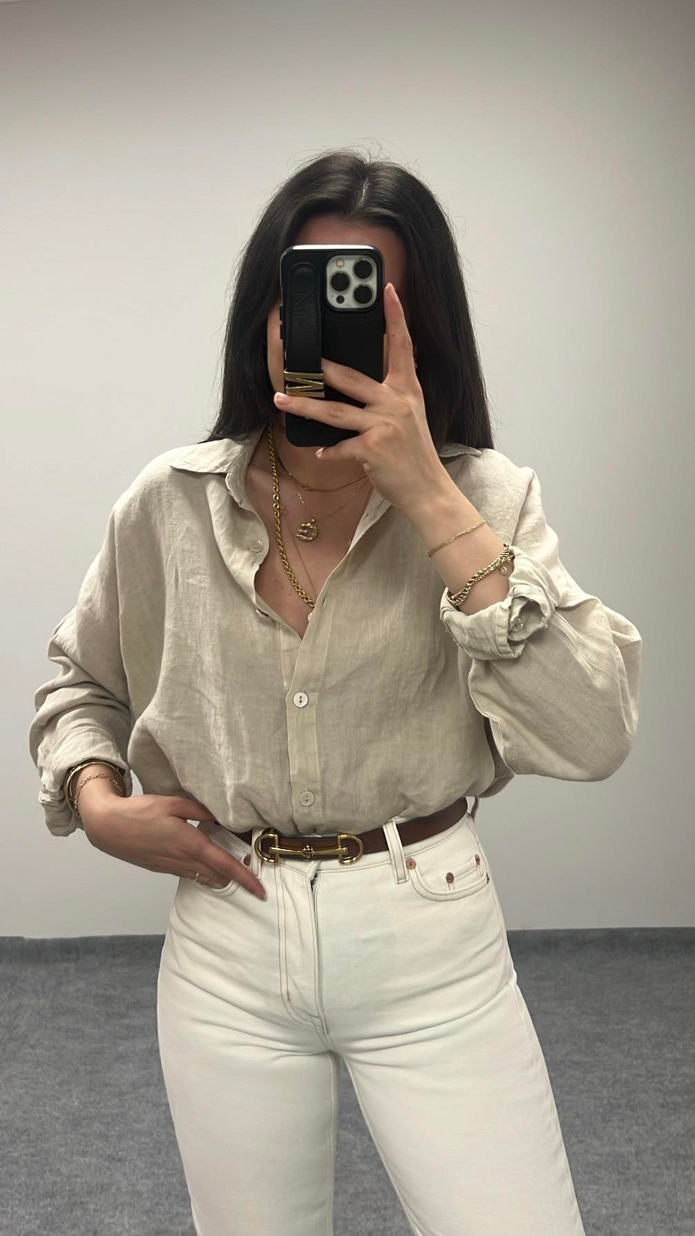 Olıve Ham Keten Oversıze Gömlek