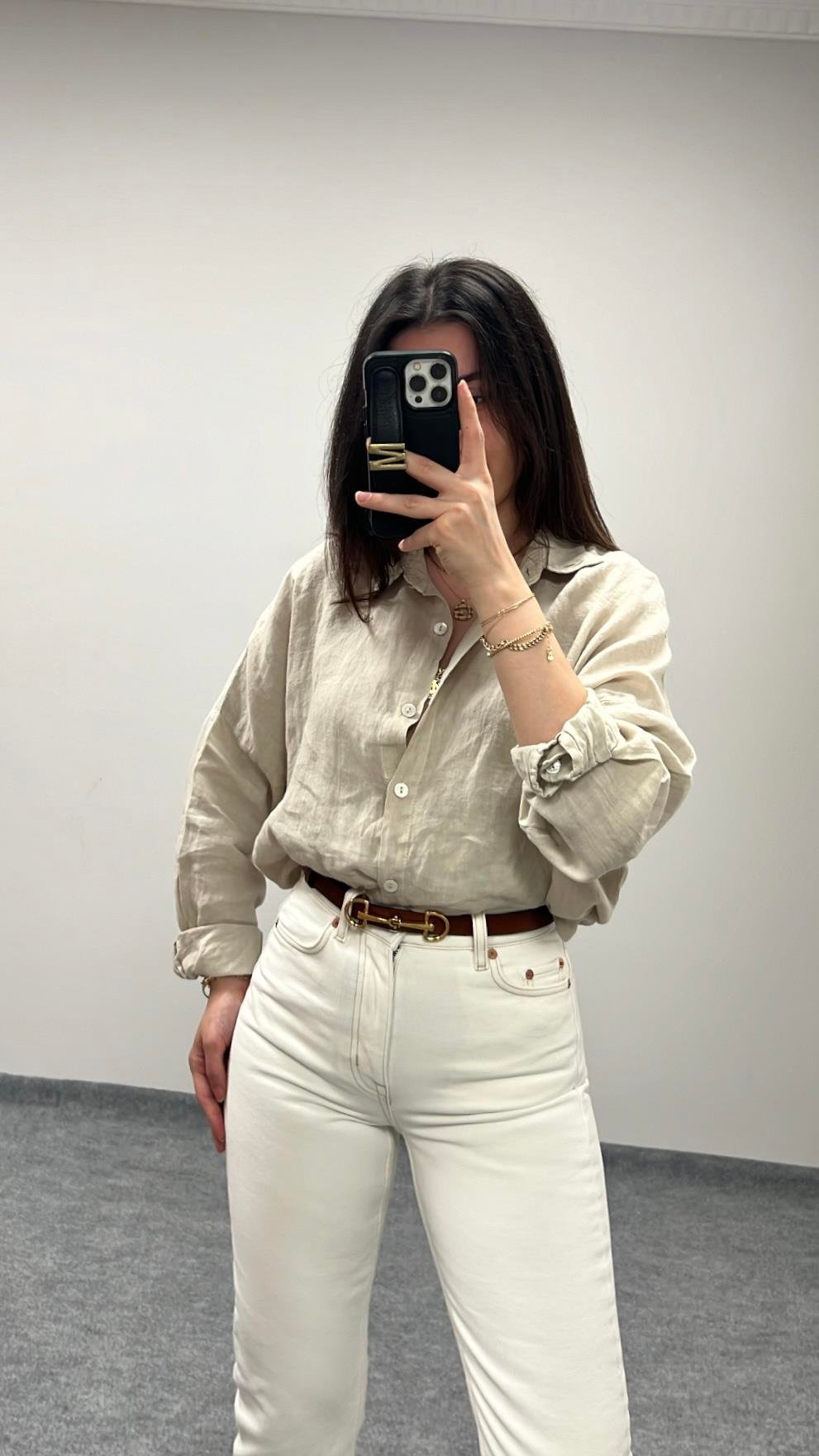 Olıve Ham Keten Oversıze Gömlek