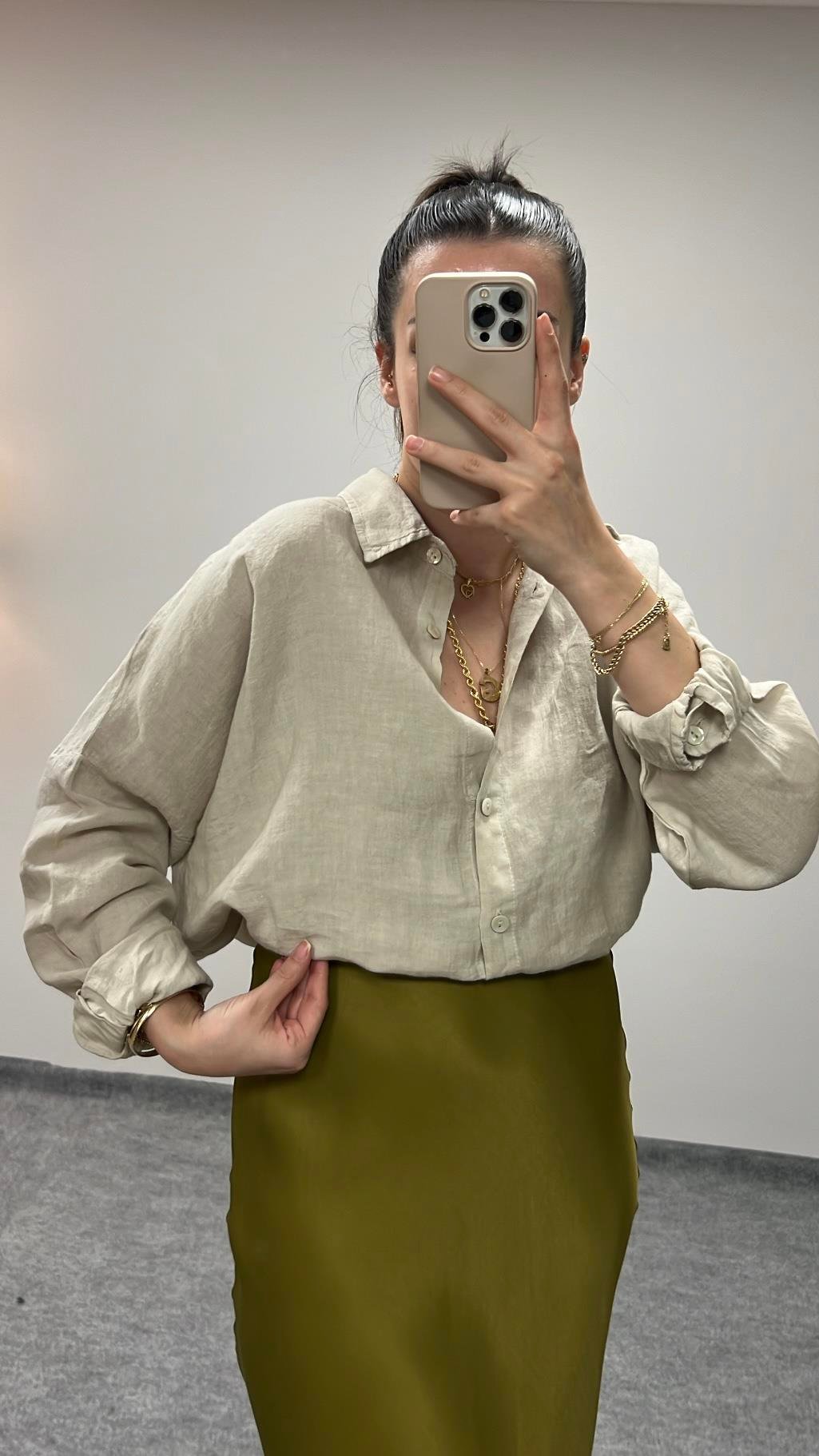 OLIVE HAM KETEN OVERSIZE GÖMLEK