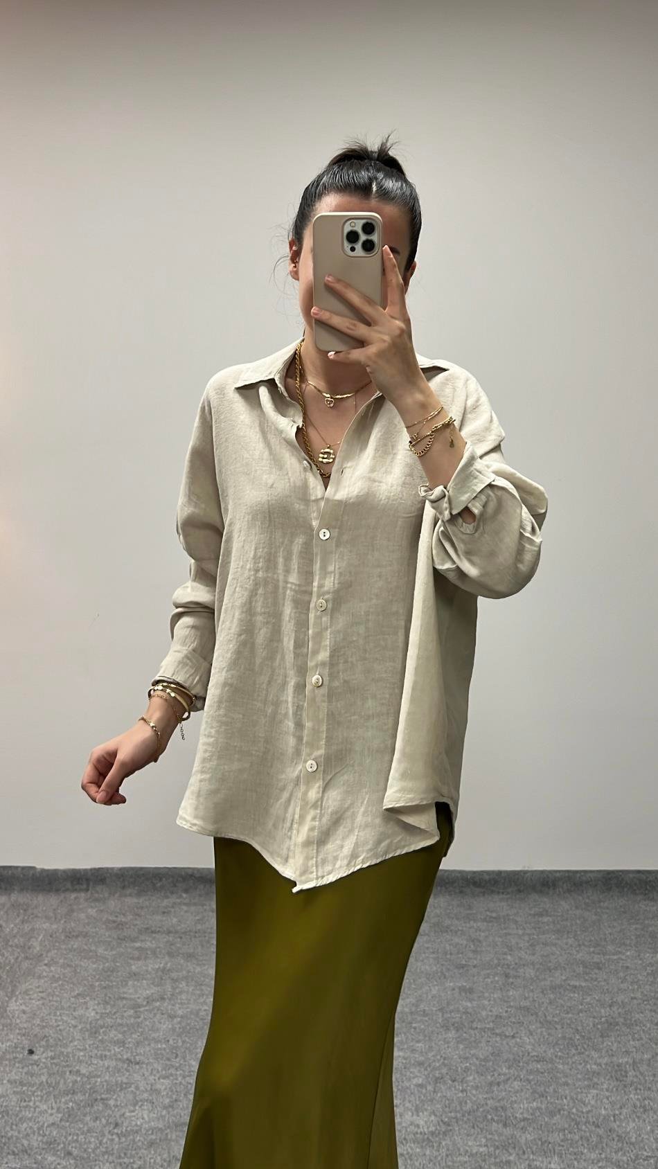 OLIVE HAM KETEN OVERSIZE GÖMLEK