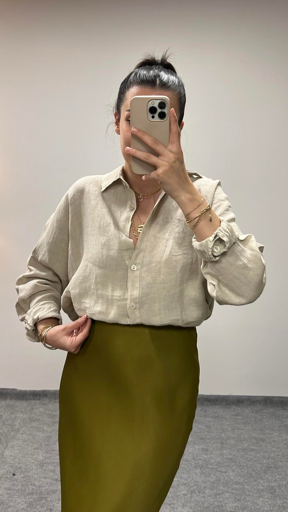 OLIVE HAM KETEN OVERSIZE GÖMLEK