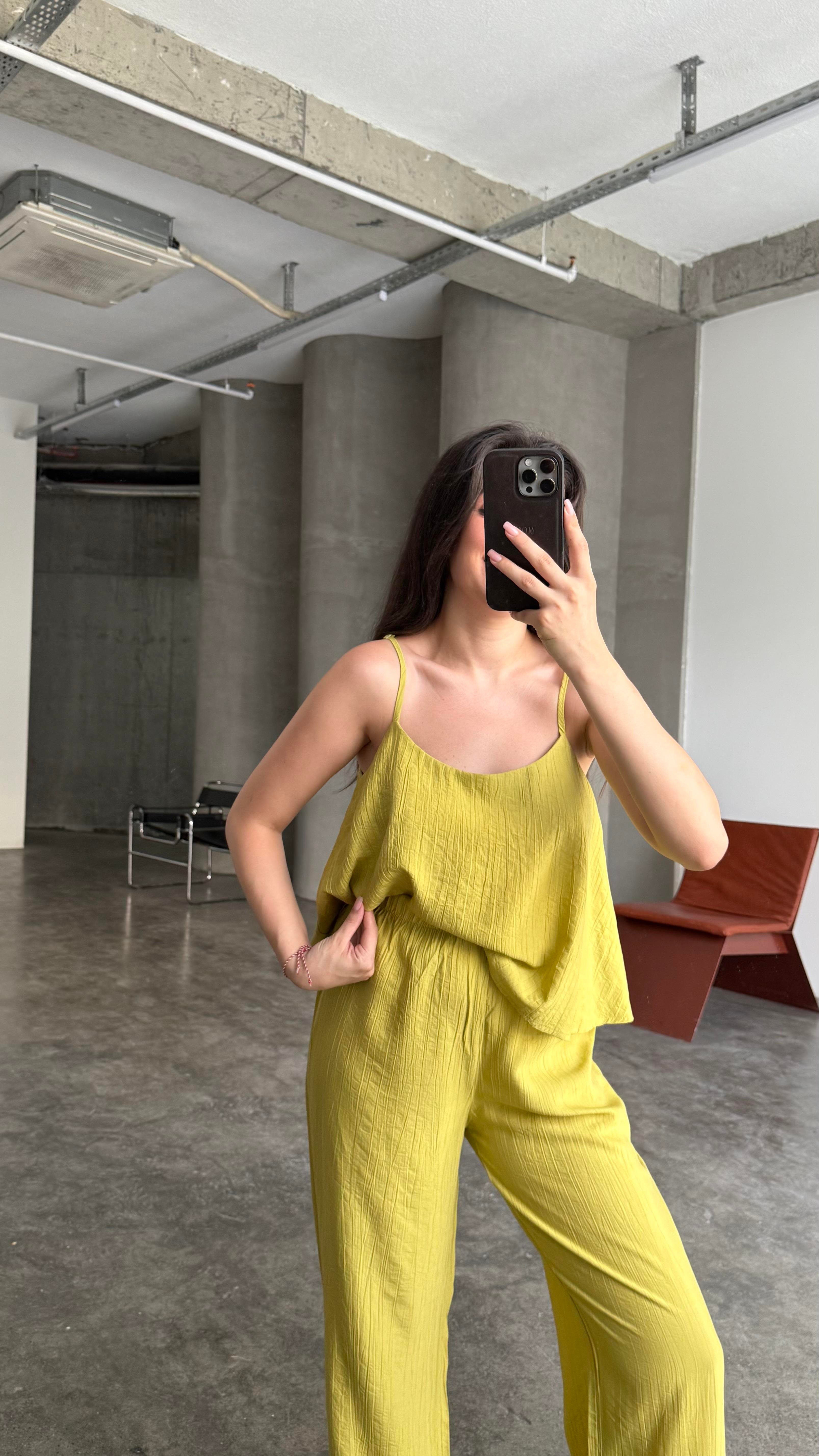 Olive İp Askılı Bluz Pantolon Takım