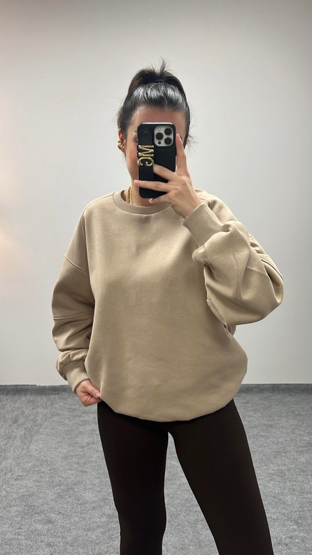 PAMUKLU BEJ OVERSİZE SWEATSHIRT