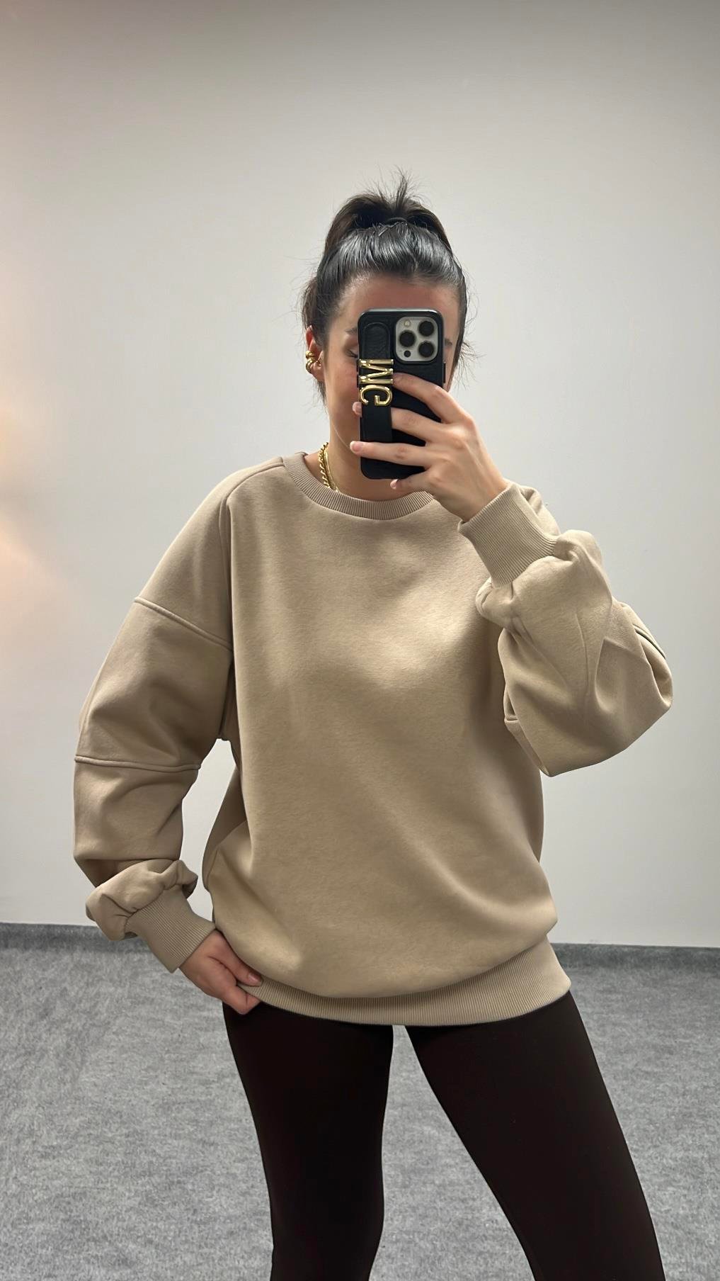 PAMUKLU BEJ OVERSİZE SWEATSHIRT