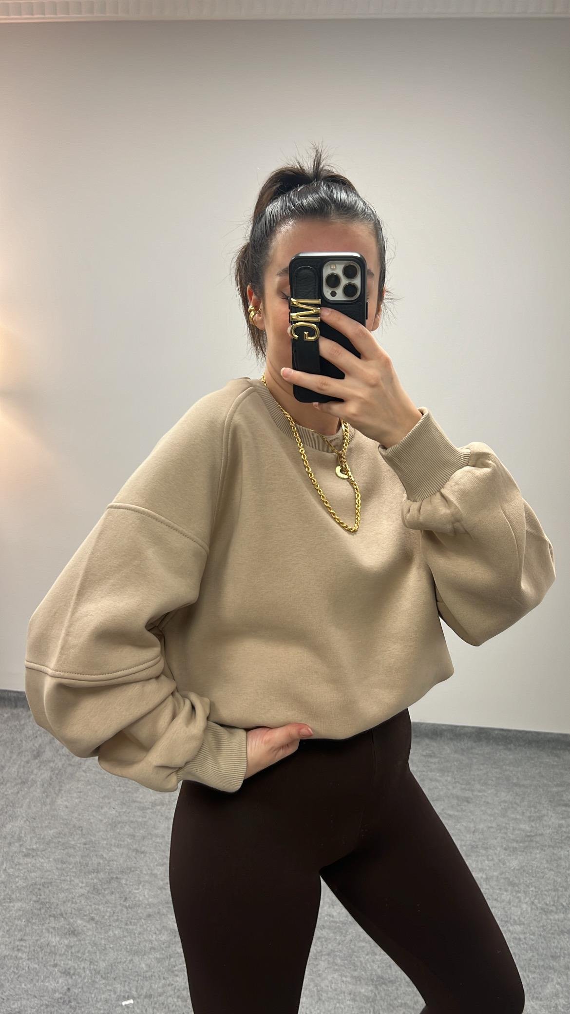 PAMUKLU BEJ OVERSİZE SWEATSHIRT