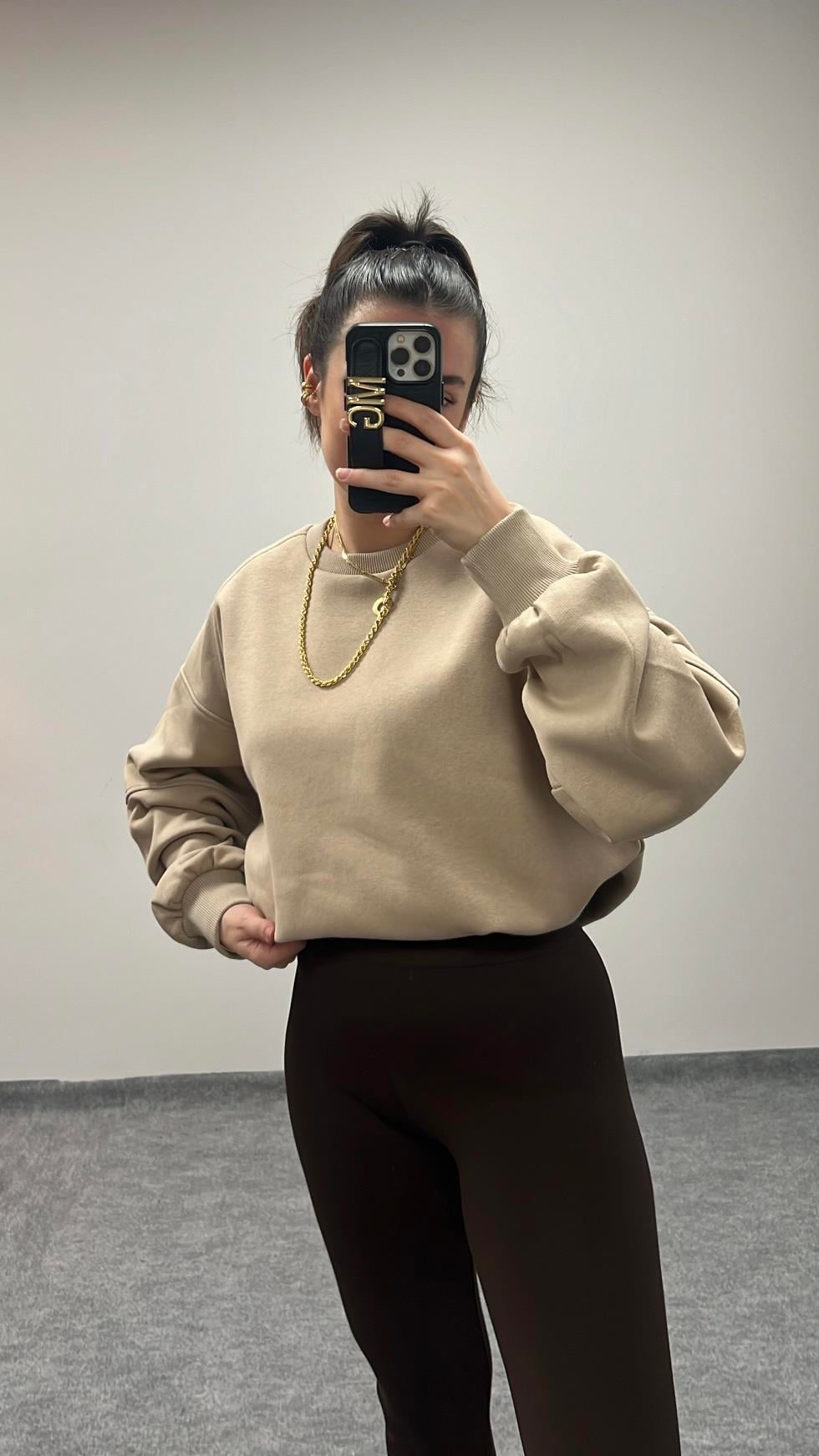 PAMUKLU BEJ OVERSİZE SWEATSHIRT