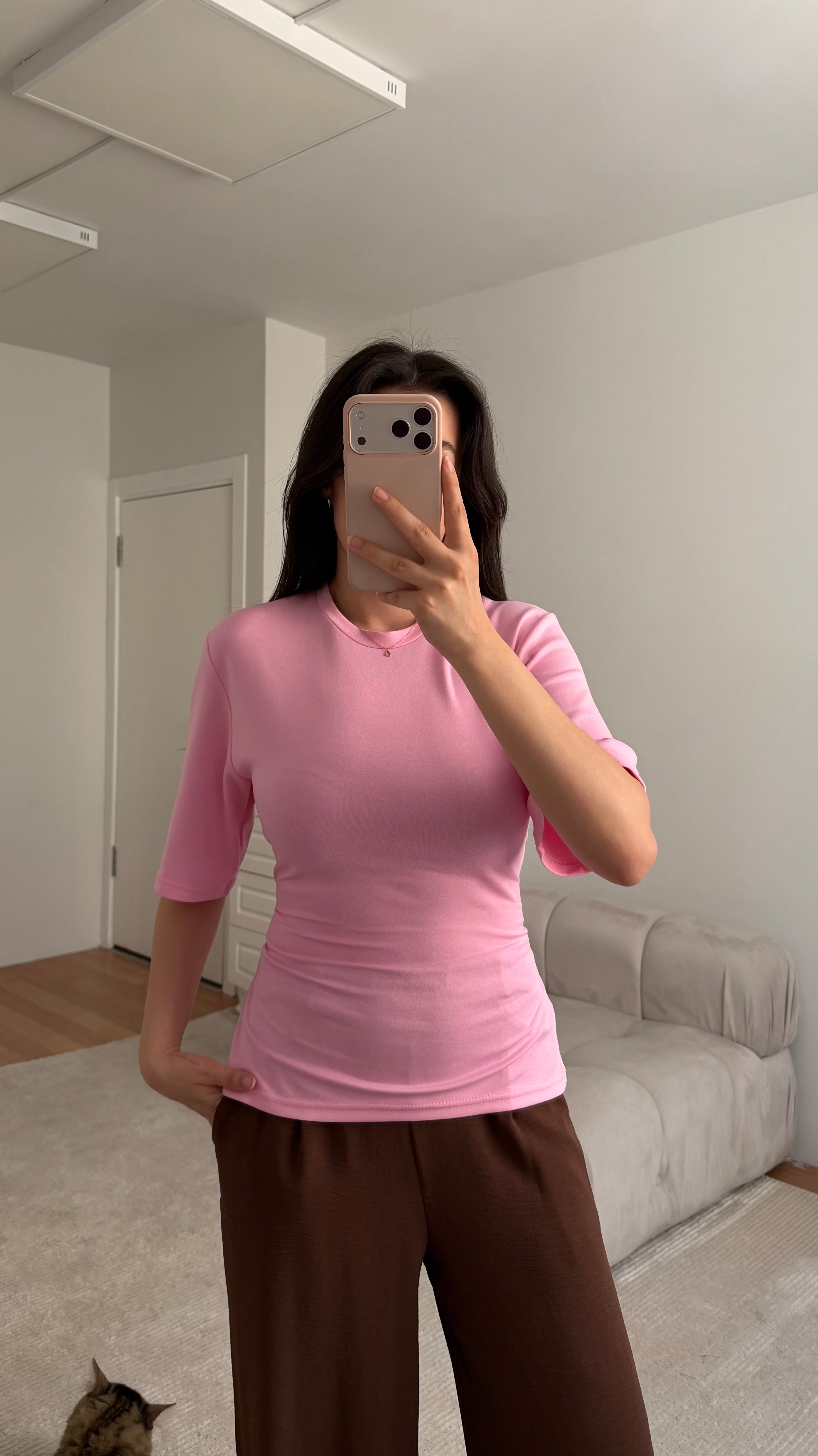 Pembe Basıc Bisiklet Yaka Sırt Bağlamalı Bluz 