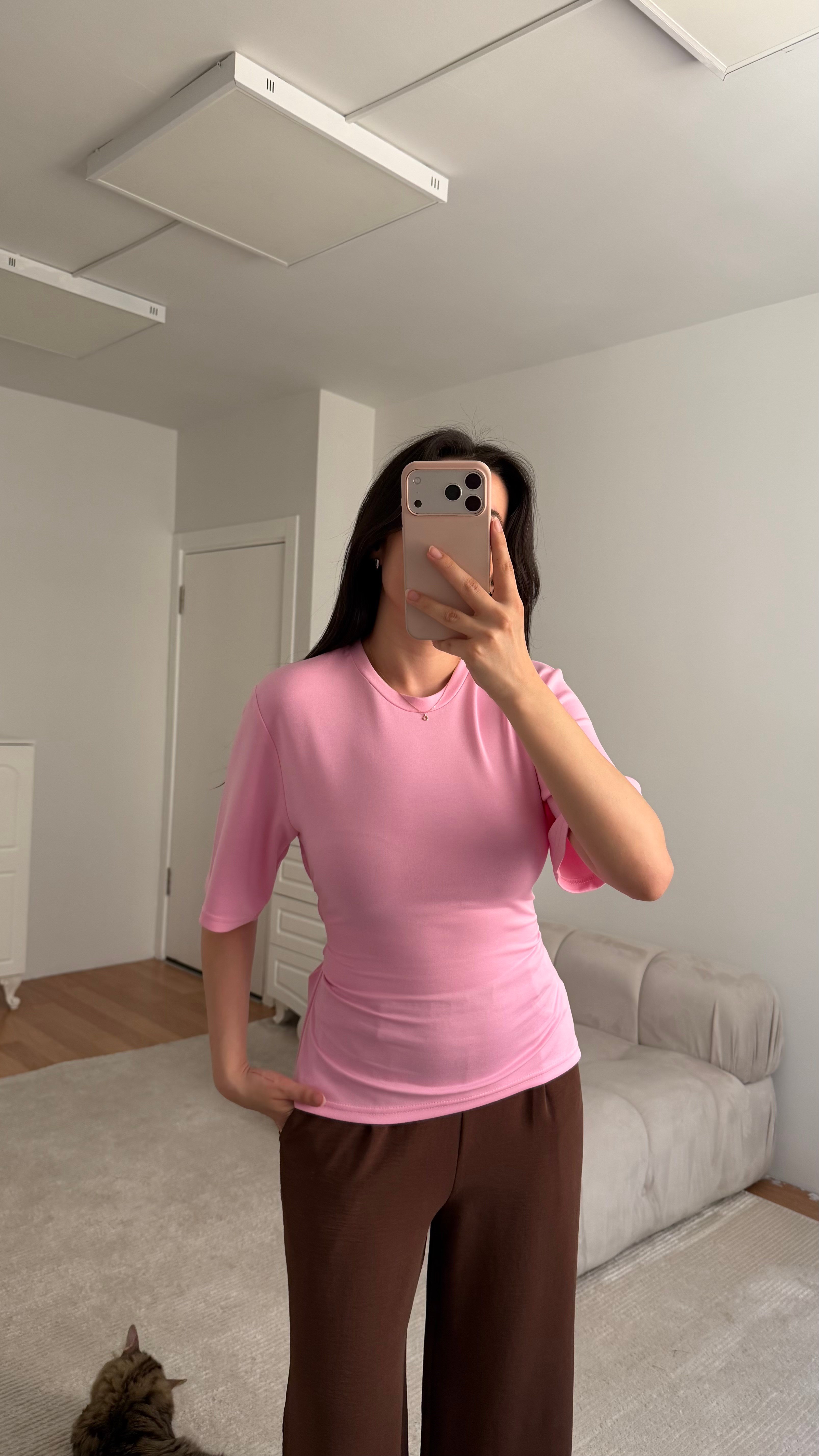 Pembe Basıc Bisiklet Yaka Sırt Bağlamalı Bluz 