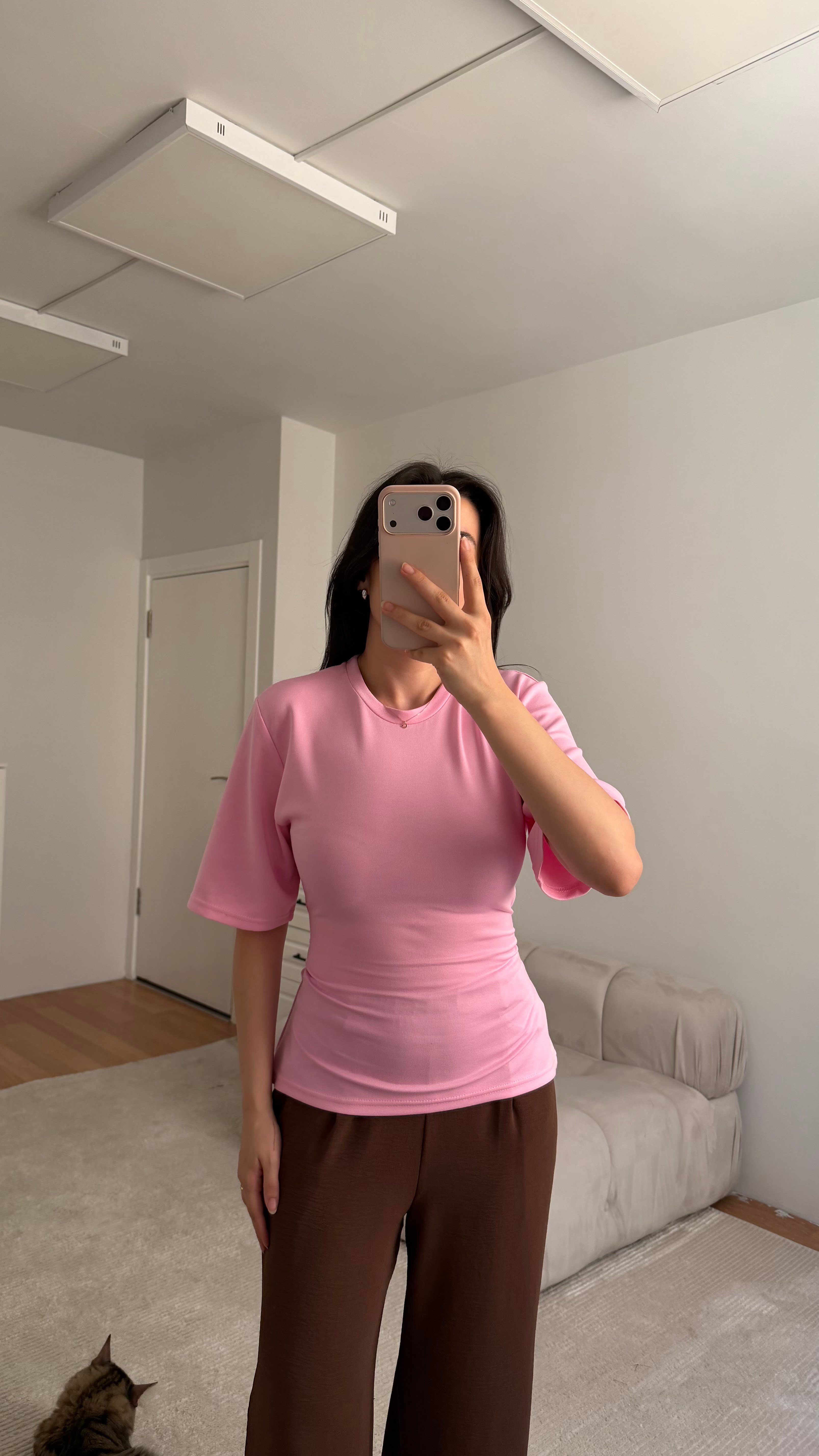 Pembe Basıc Bisiklet Yaka Sırt Bağlamalı Bluz 