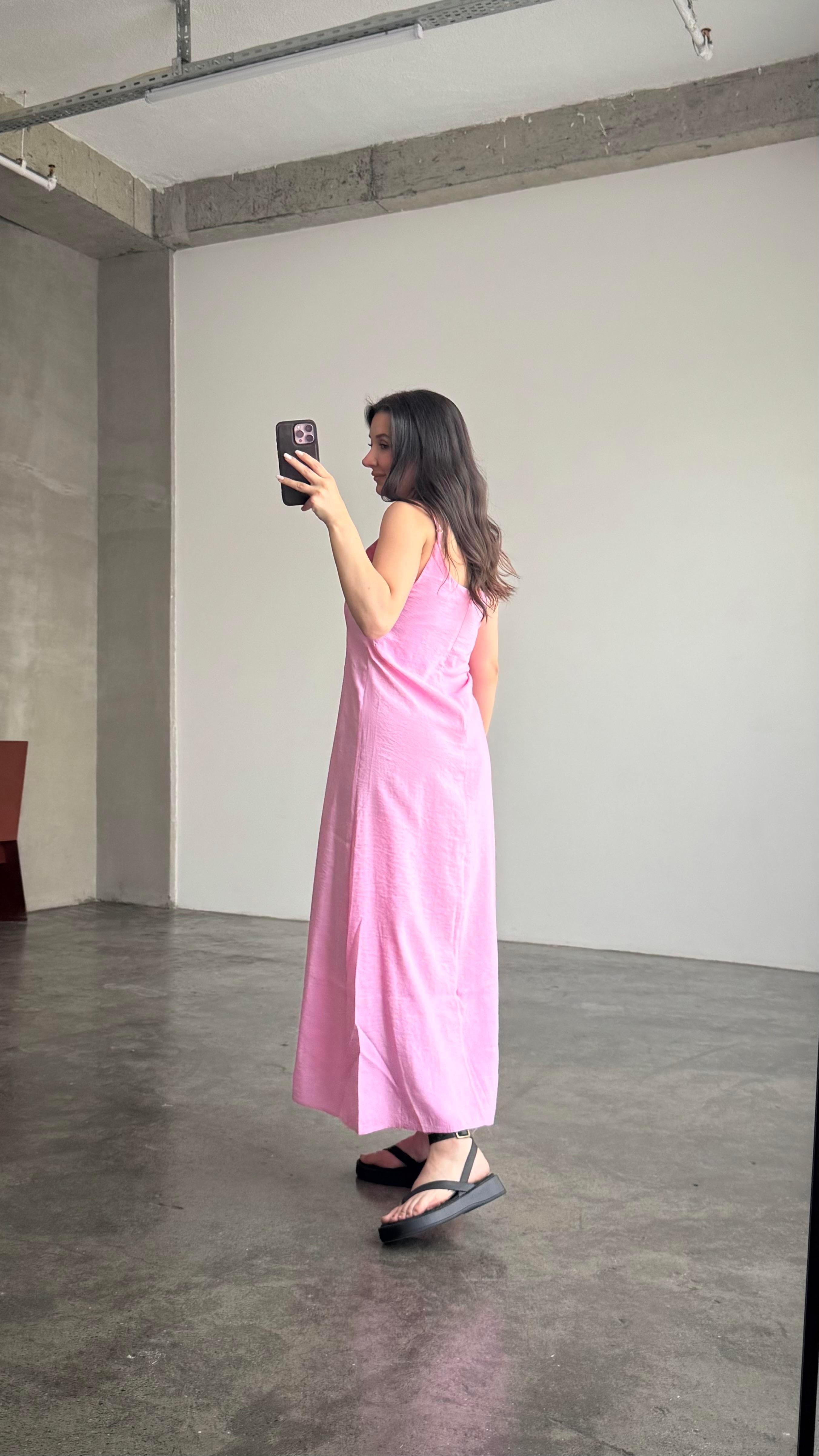 Pembe Gömlekli İp Askılı Elbise Tensel Takım