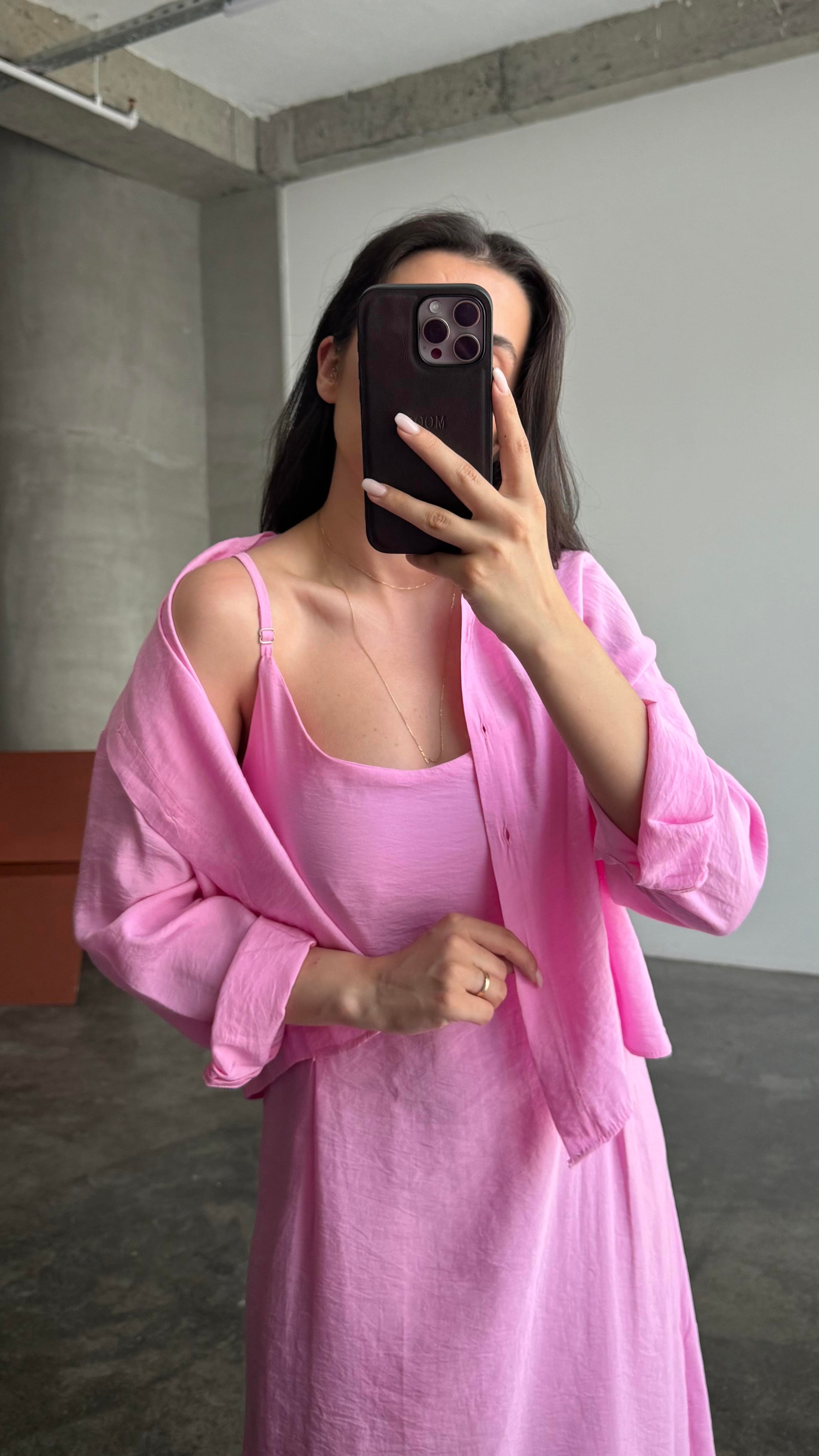 Pembe Gömlekli İp Askılı Elbise Tensel Takım