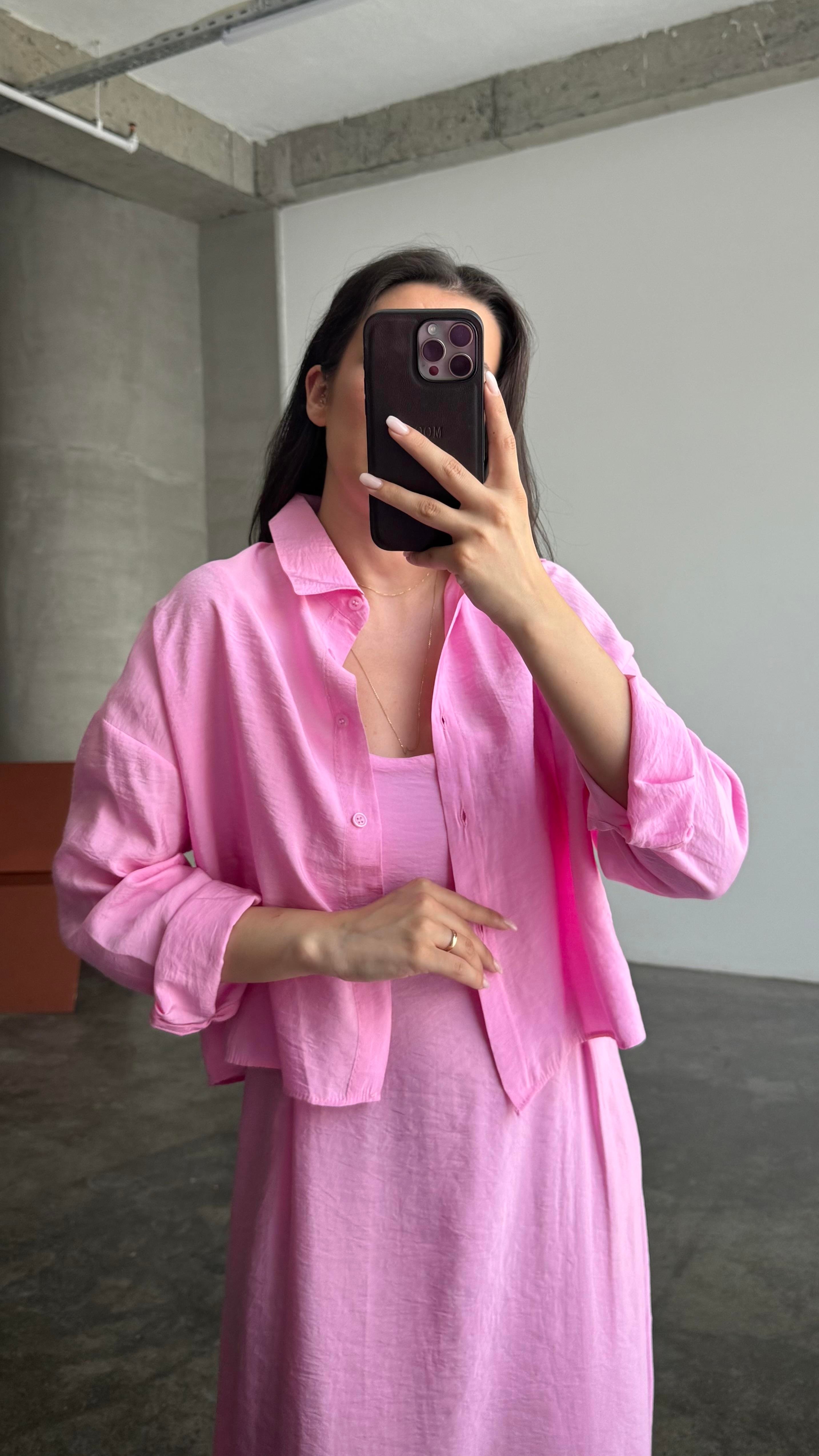 Pembe Gömlekli İp Askılı Elbise Tensel Takım