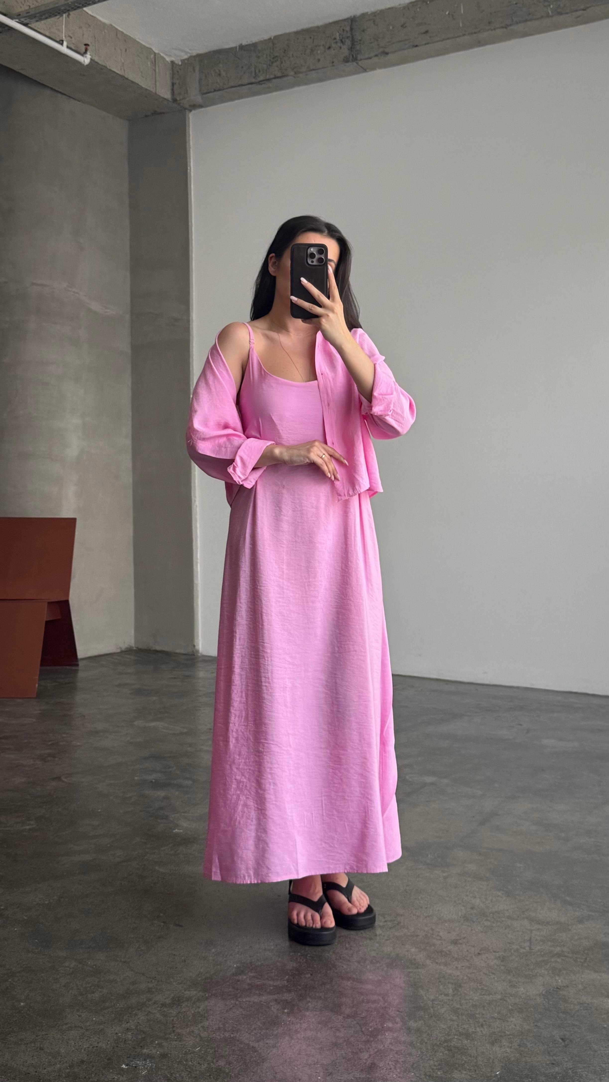 Pembe Gömlekli İp Askılı Elbise Tensel Takım