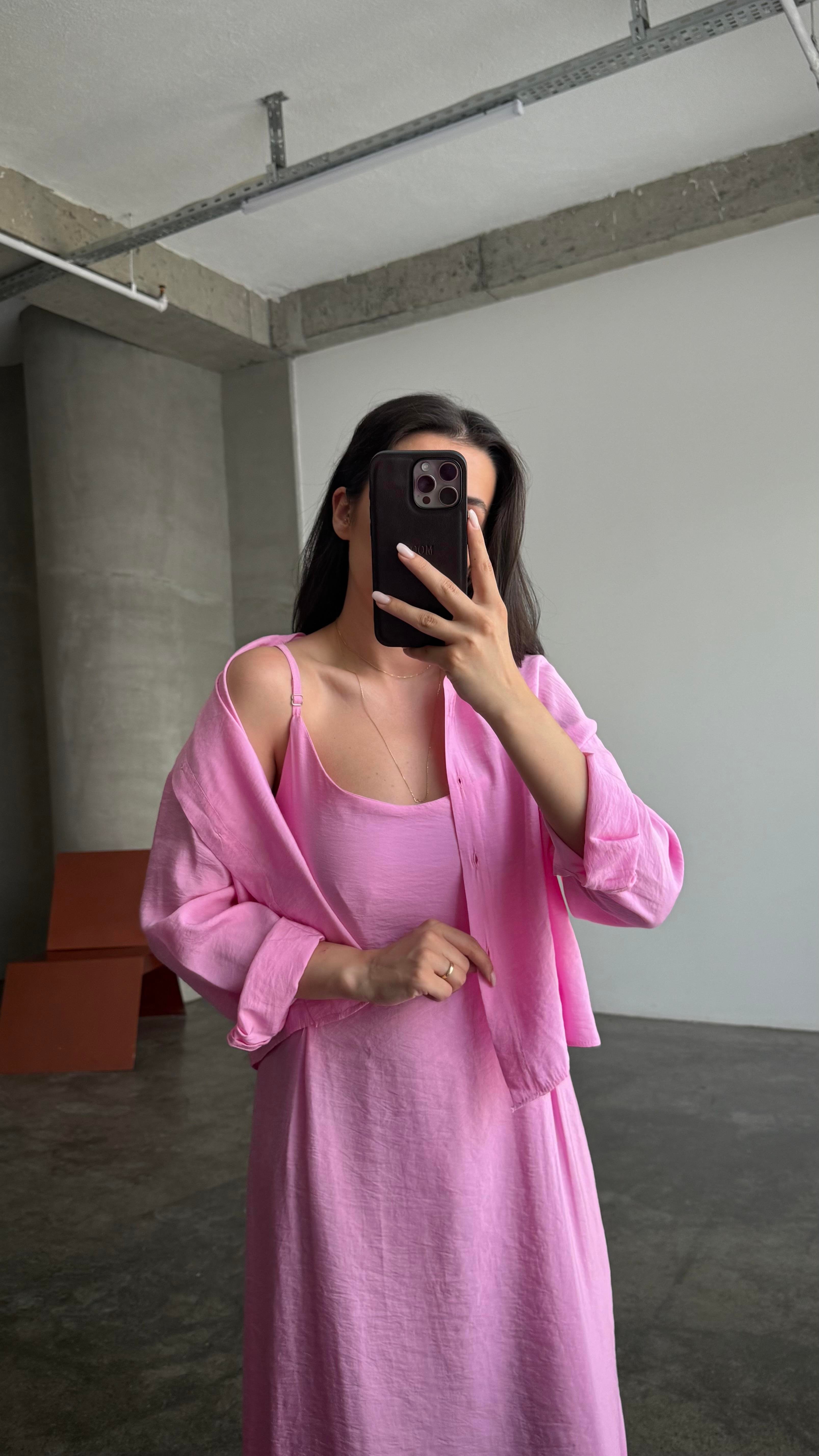Pembe Gömlekli İp Askılı Elbise Tensel Takım