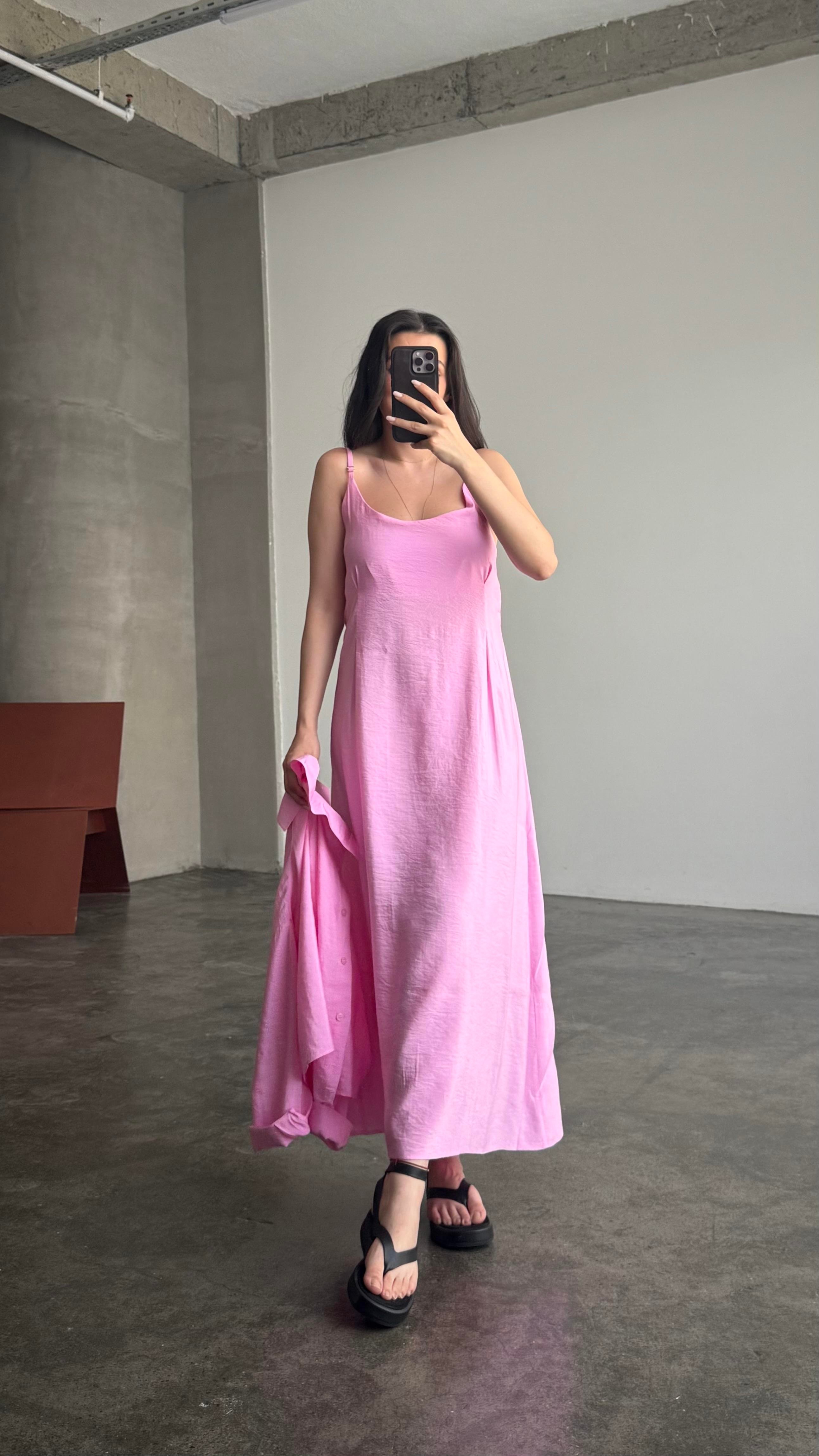 Pembe Gömlekli İp Askılı Elbise Tensel Takım