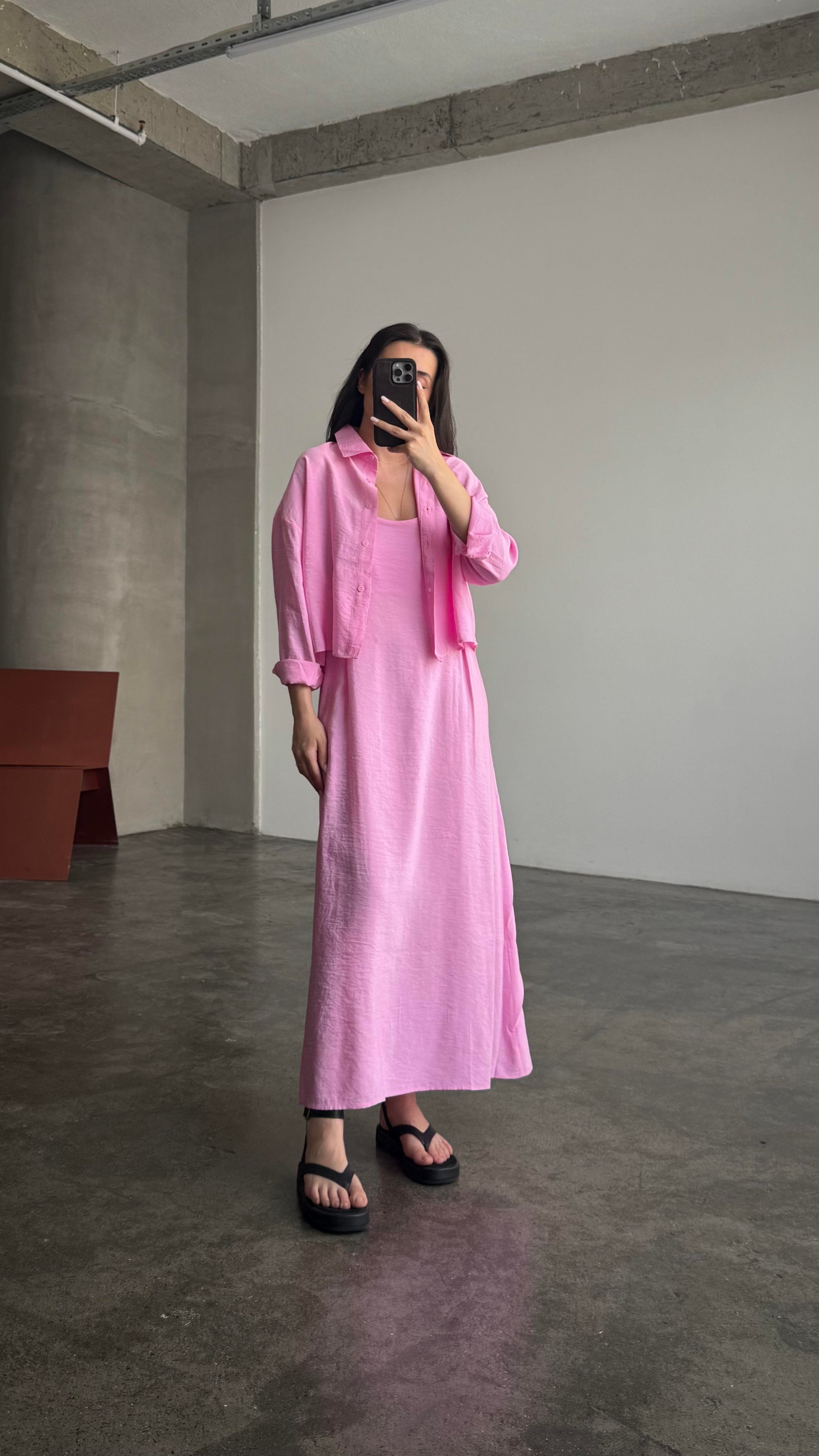 Pembe Gömlekli İp Askılı Elbise Tensel Takım