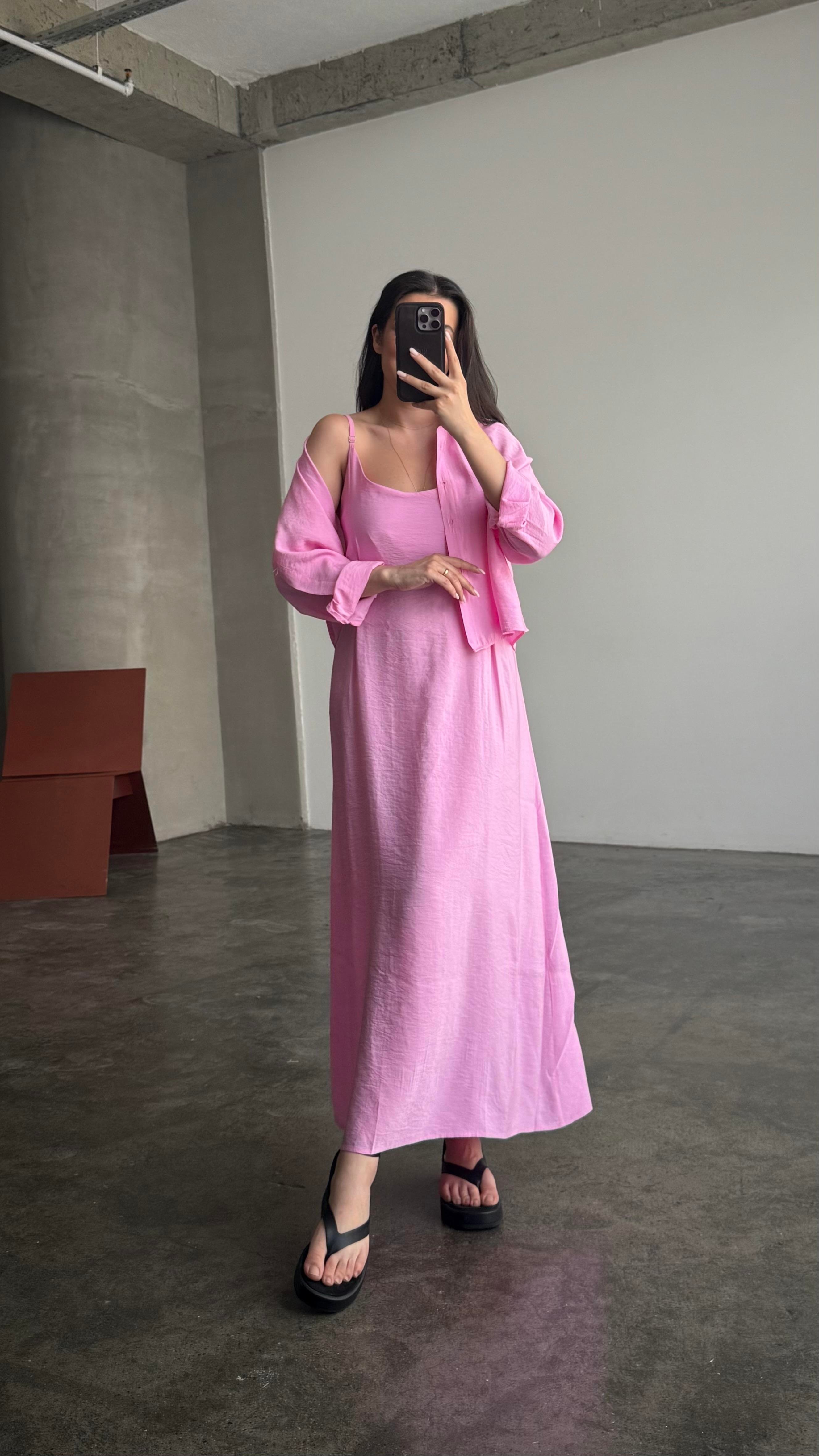 Pembe Gömlekli İp Askılı Elbise Tensel Takım