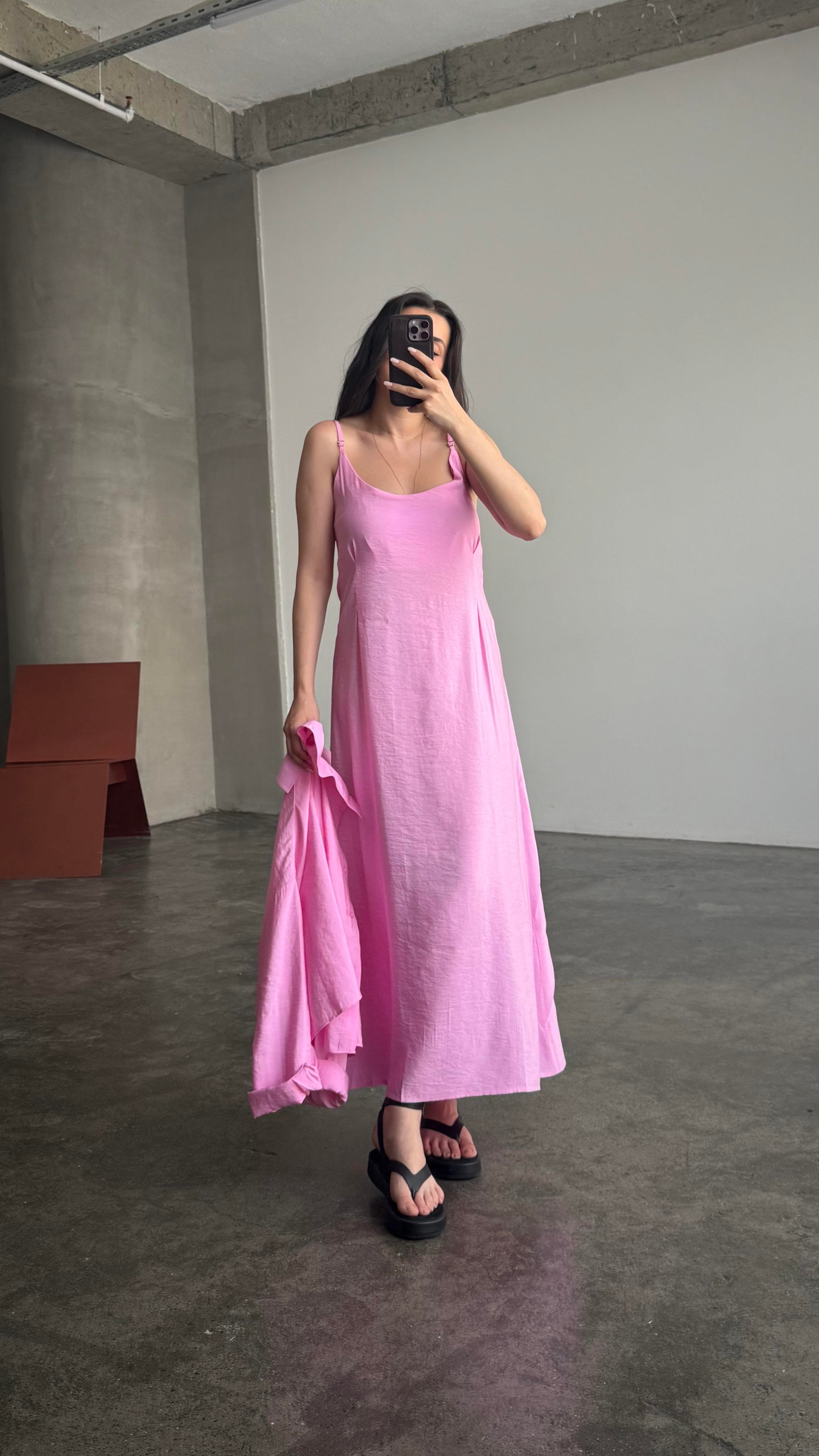 Pembe Gömlekli İp Askılı Elbise Tensel Takım
