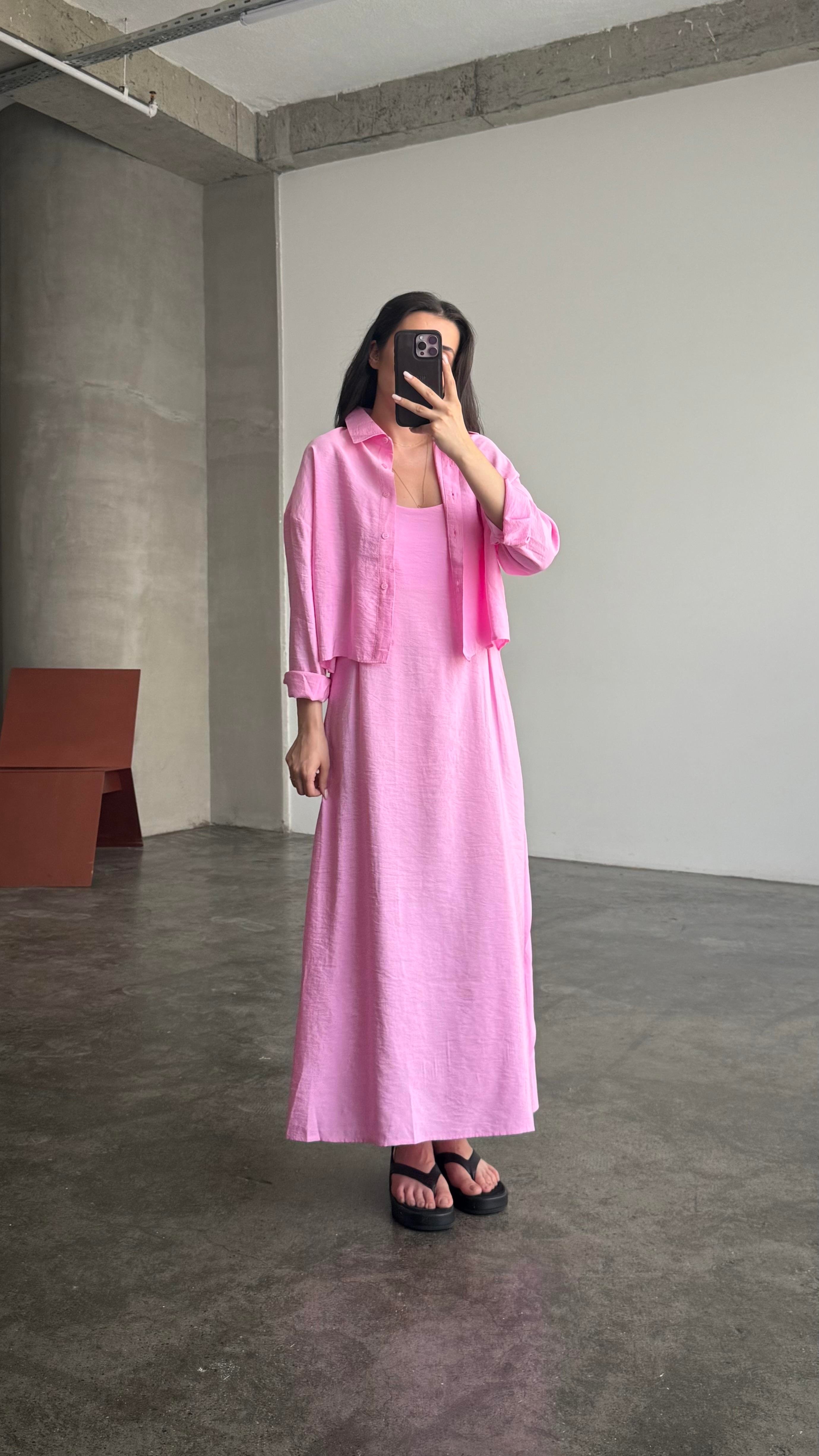 Pembe Gömlekli İp Askılı Elbise Tensel Takım