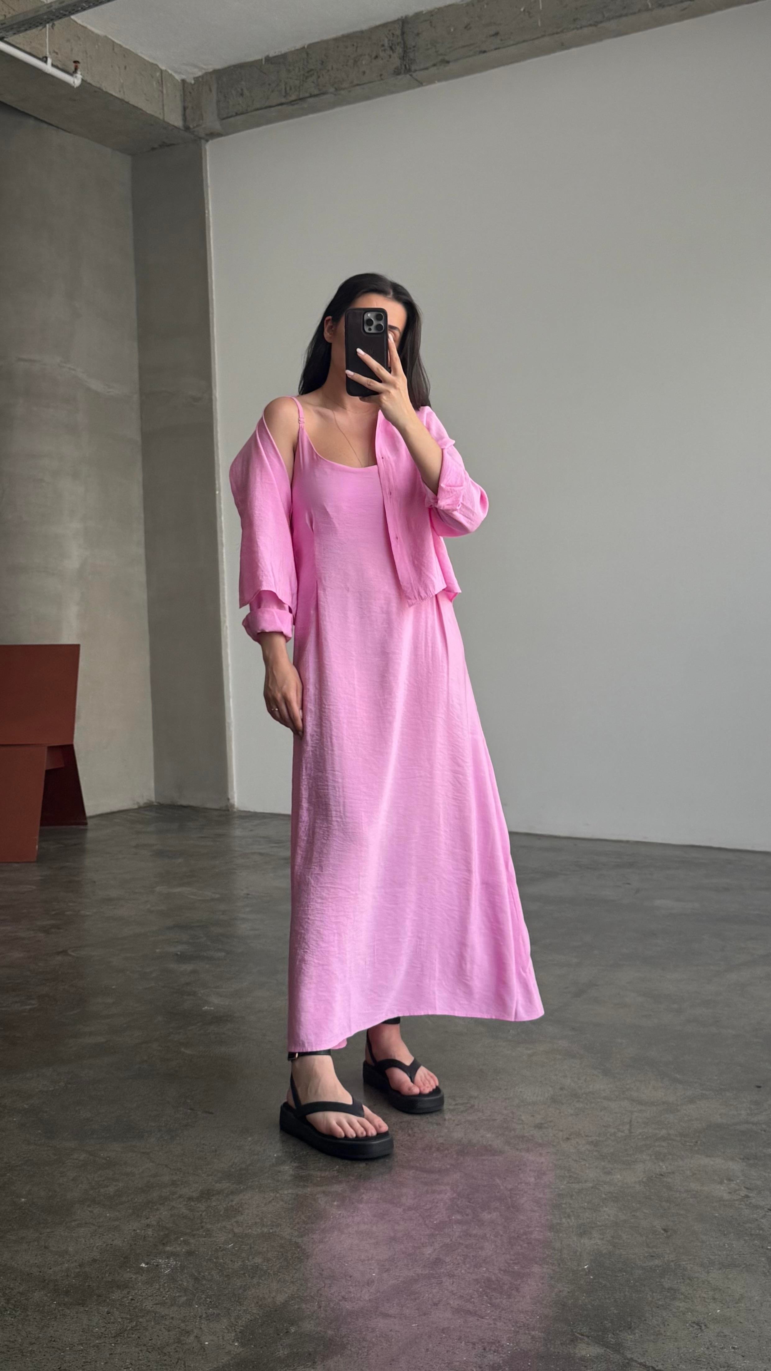 Pembe Gömlekli İp Askılı Elbise Tensel Takım