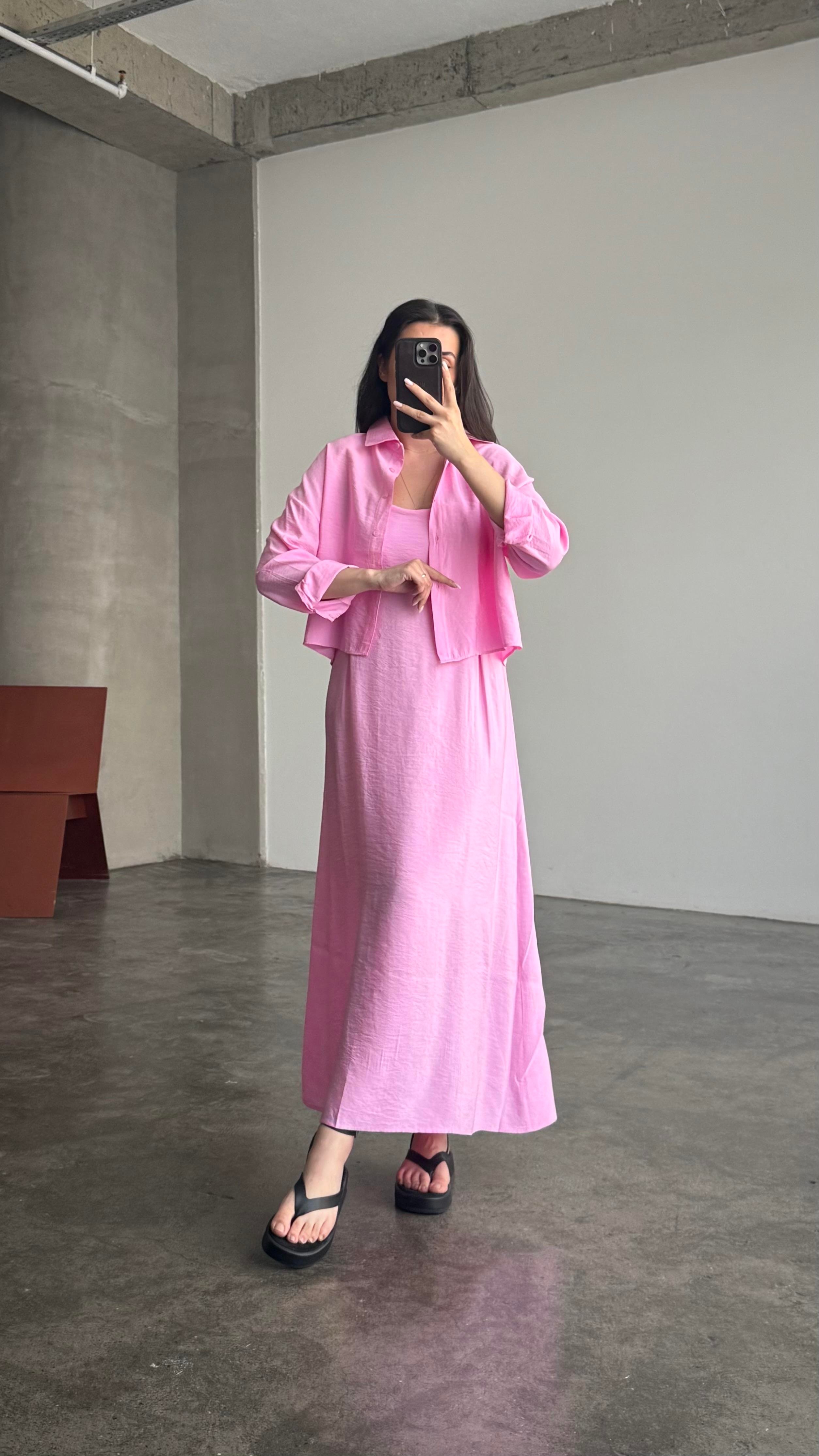 Pembe Gömlekli İp Askılı Elbise Tensel Takım