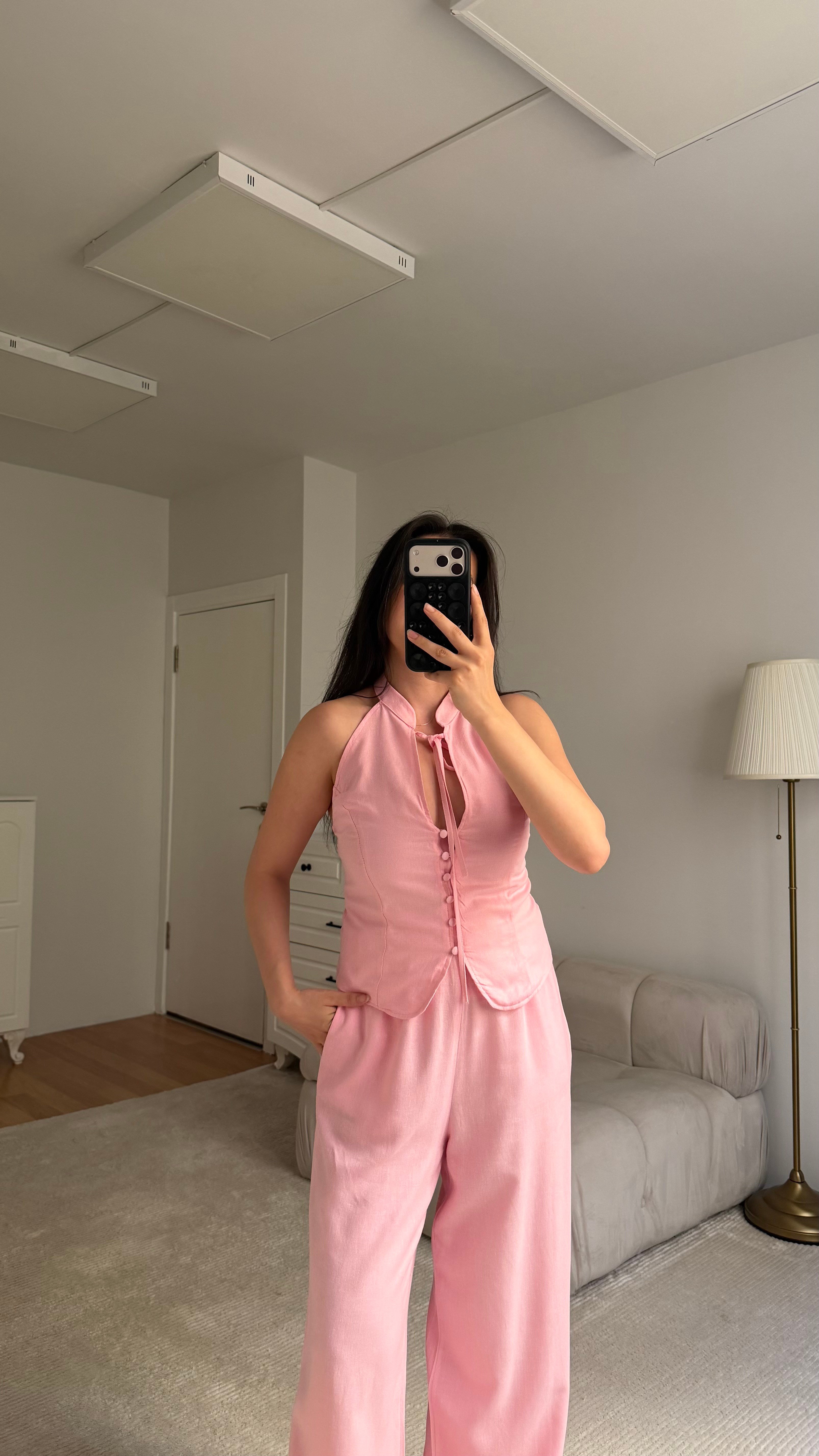 Pembe Halter Yaka Düğmeli Bluz Keten  Takım