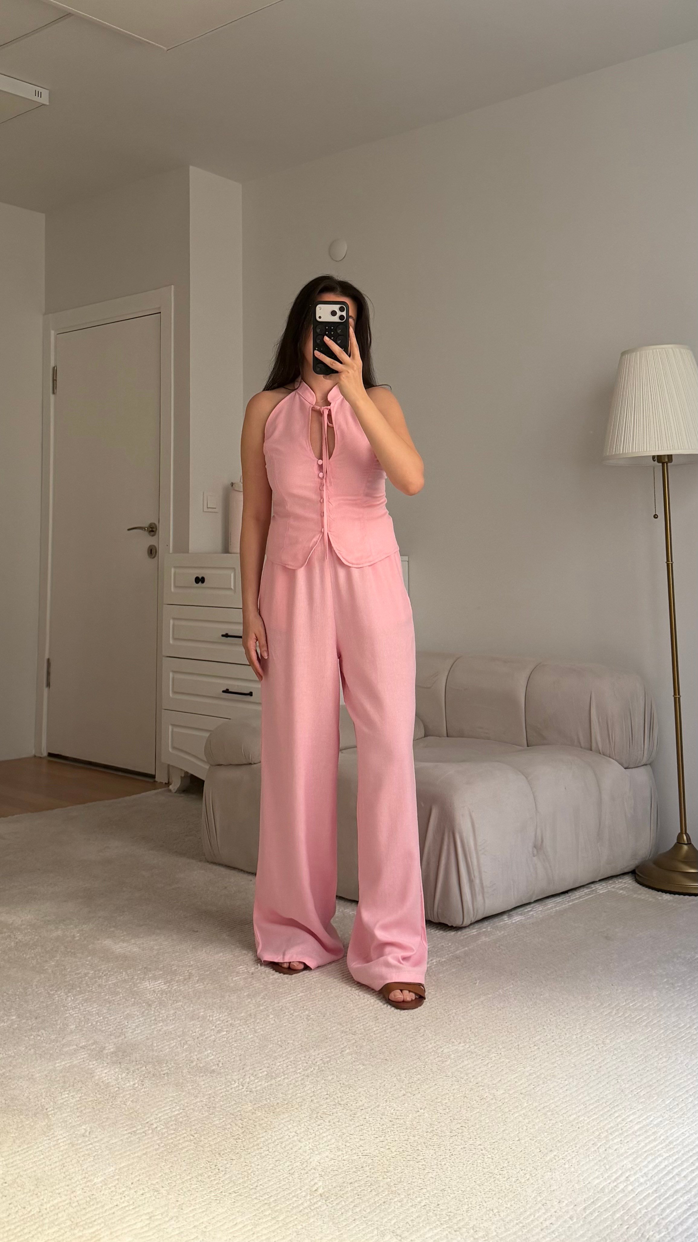 Pembe Halter Yaka Düğmeli Bluz Keten  Takım