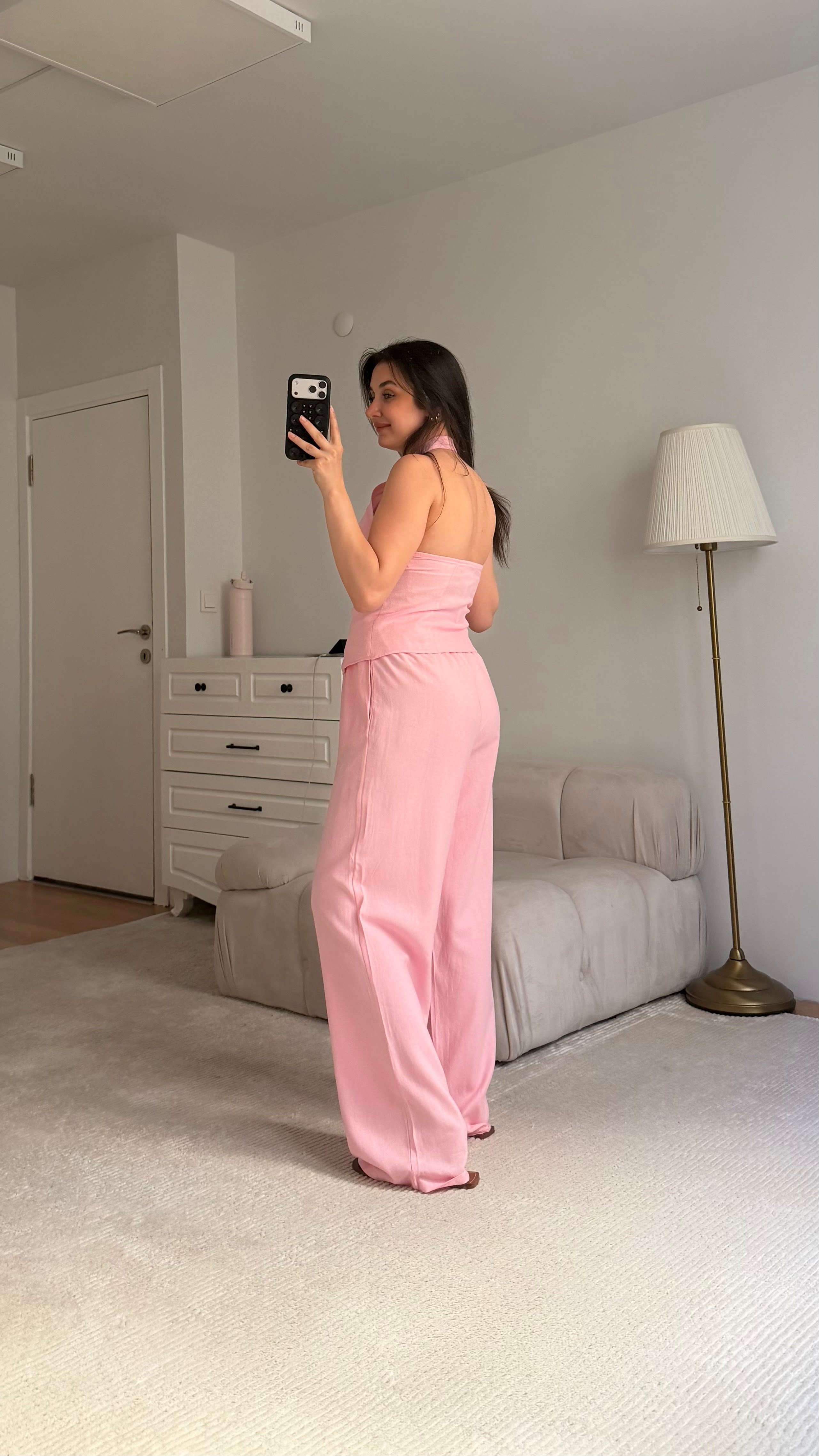 Pembe Halter Yaka Düğmeli Bluz Keten  Takım