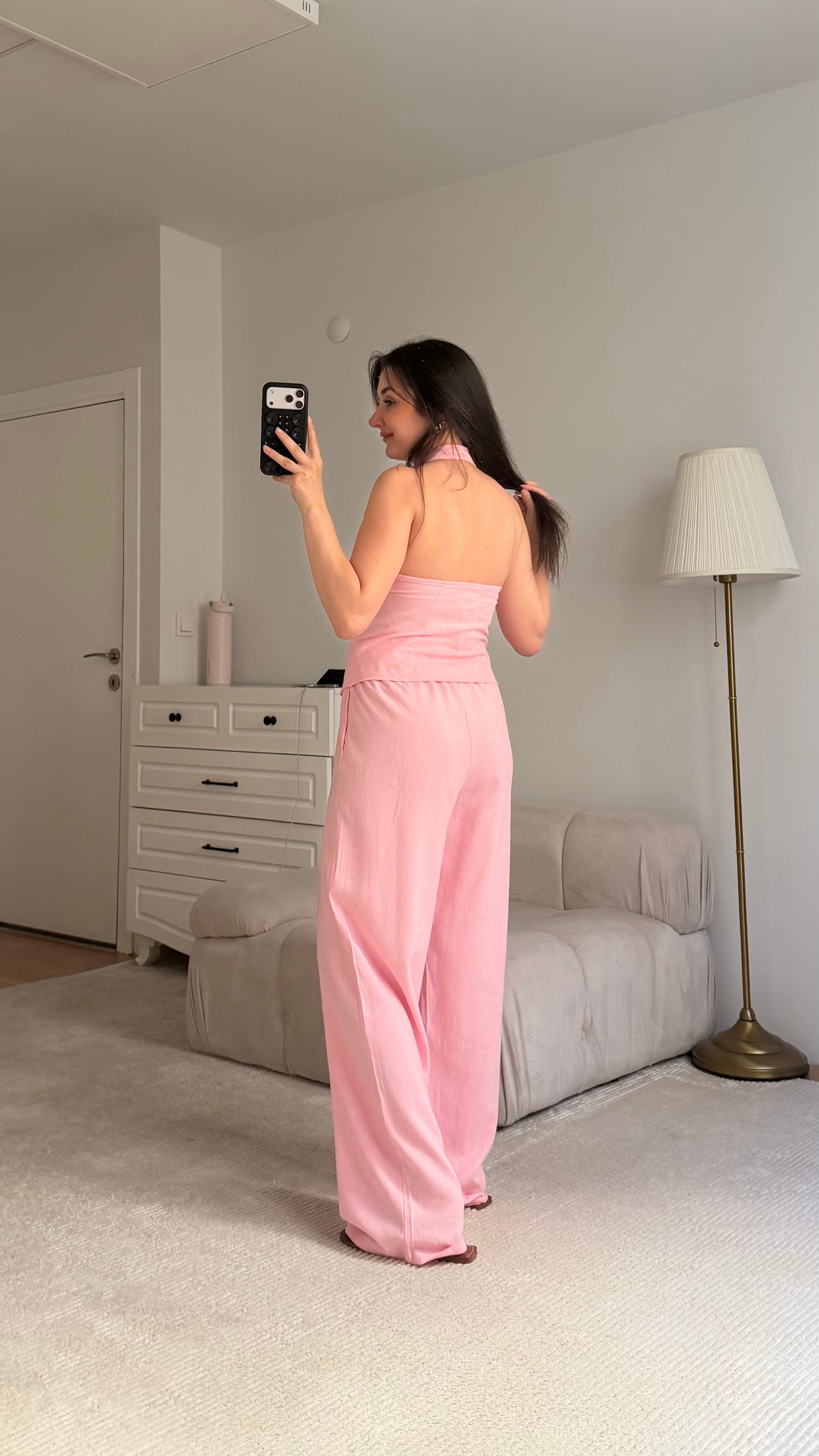 Pembe Halter Yaka Düğmeli Bluz Keten  Takım