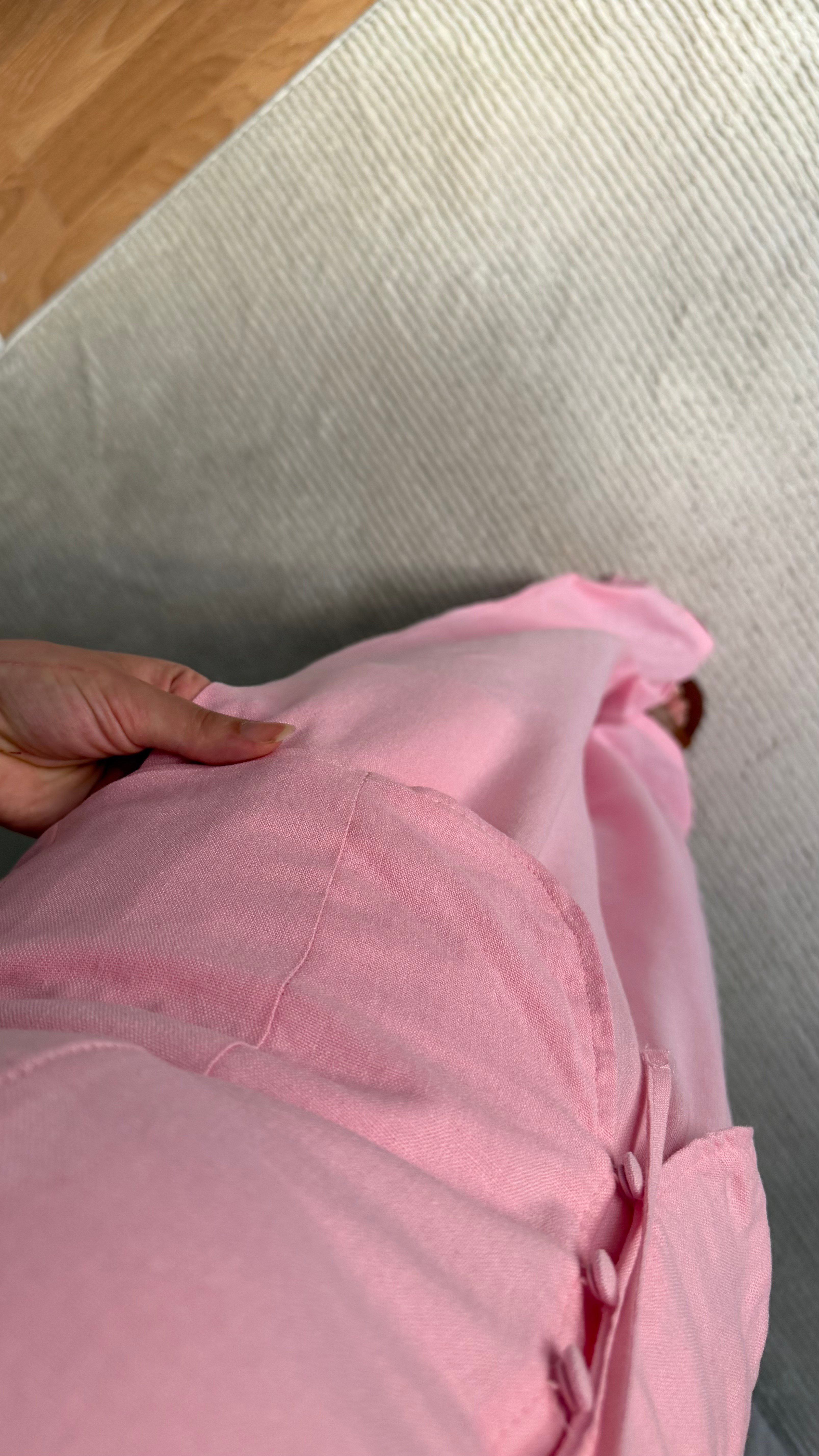 Pembe Halter Yaka Düğmeli Bluz Keten  Takım