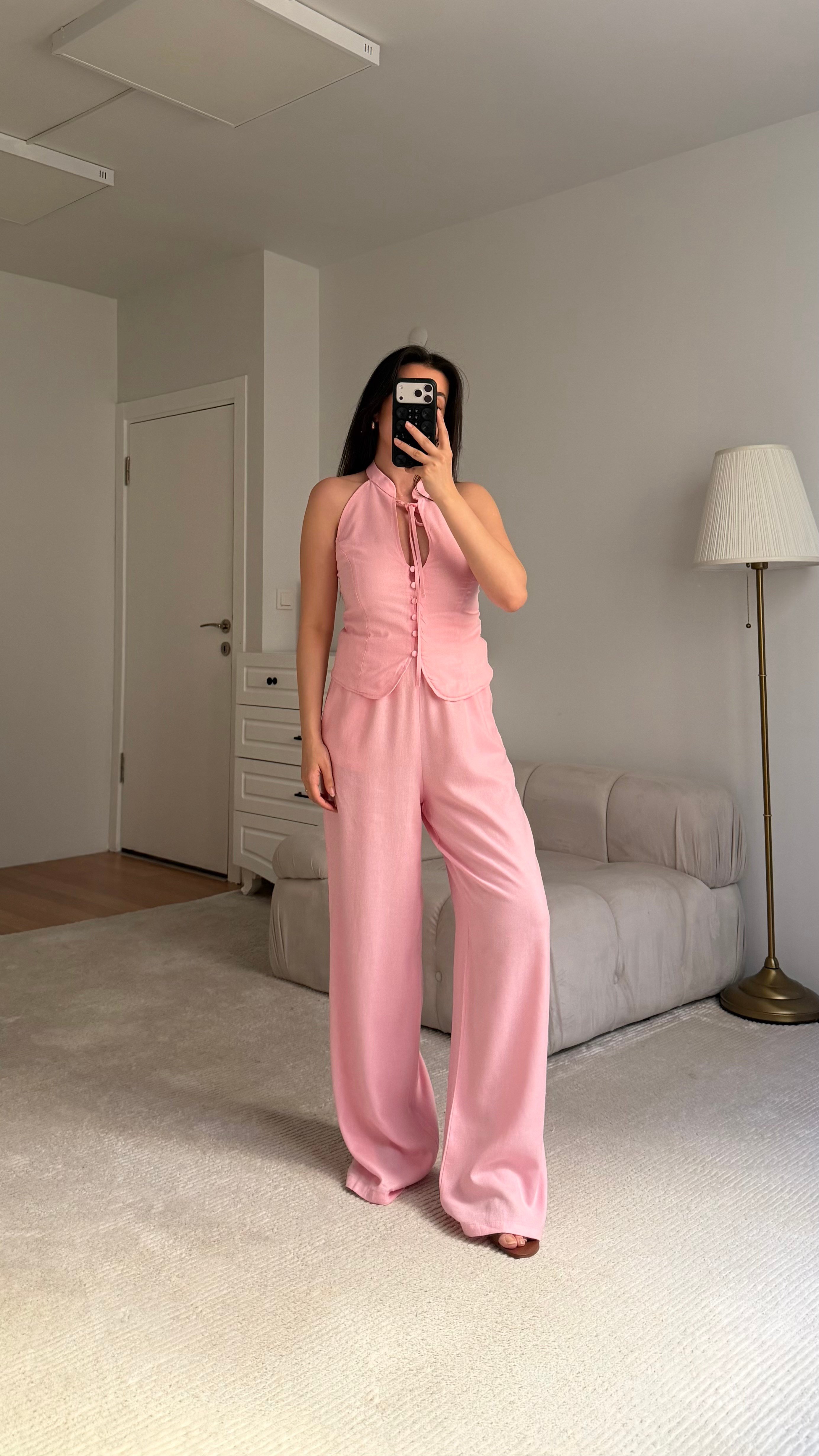 Pembe Halter Yaka Düğmeli Bluz Keten  Takım