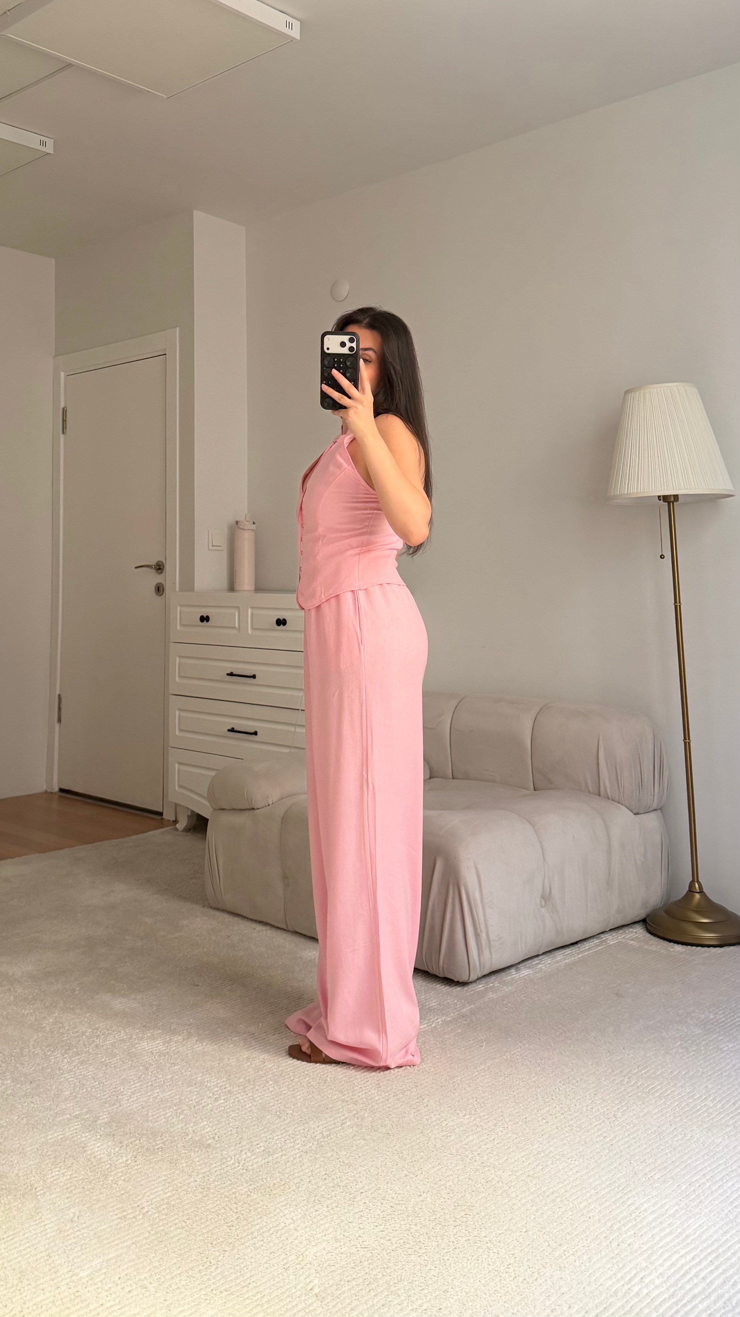 Pembe Halter Yaka Düğmeli Bluz Keten  Takım