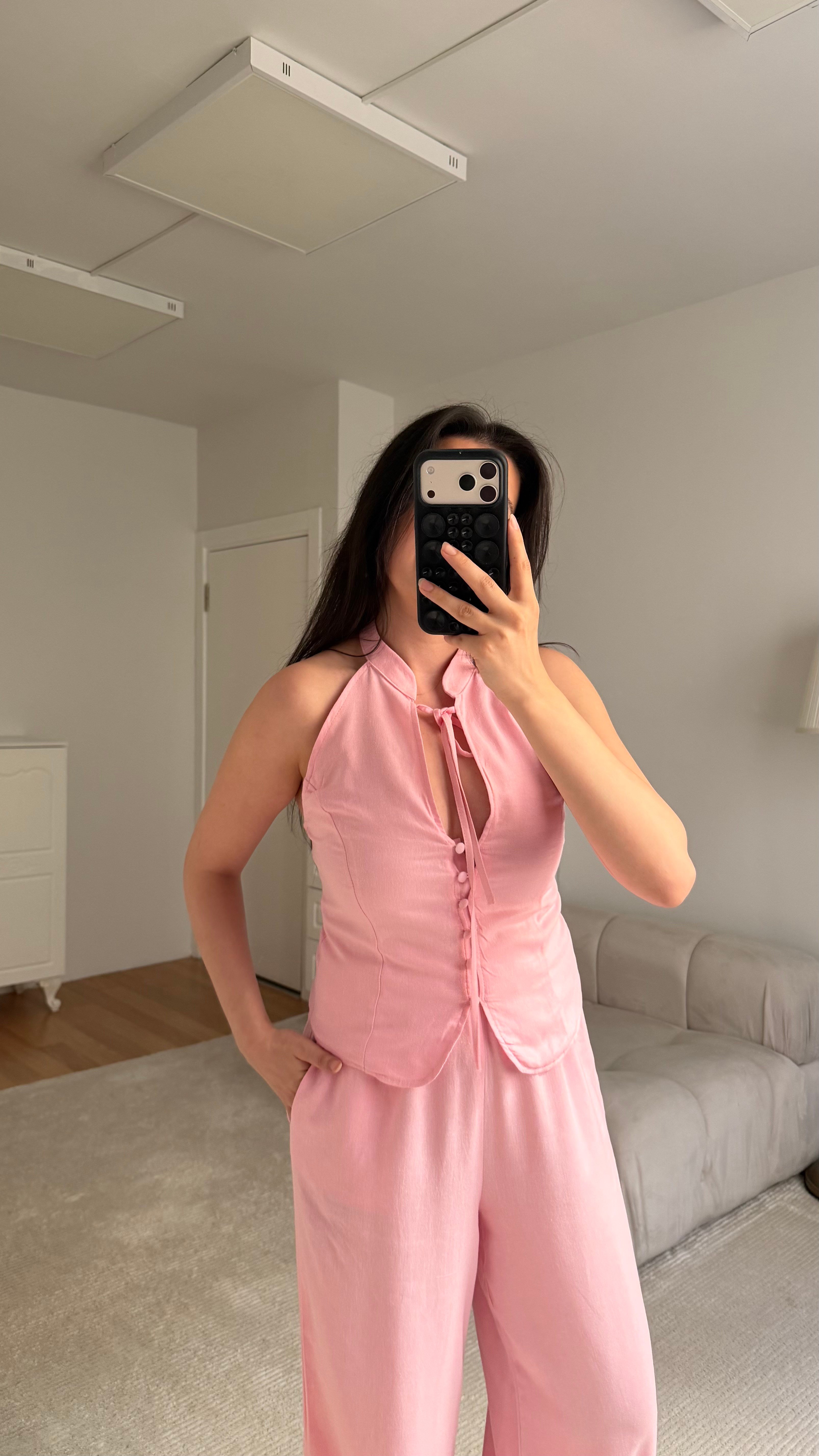 Pembe Halter Yaka Düğmeli Bluz Keten  Takım