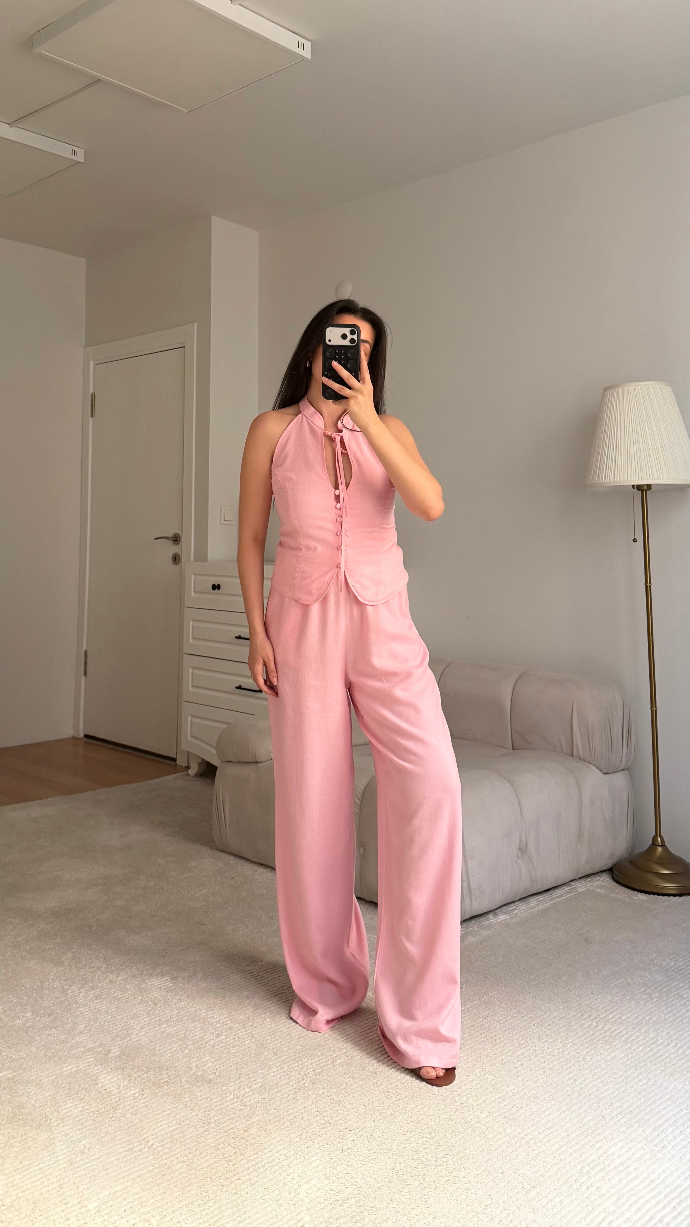 Pembe Halter Yaka Düğmeli Bluz Keten  Takım