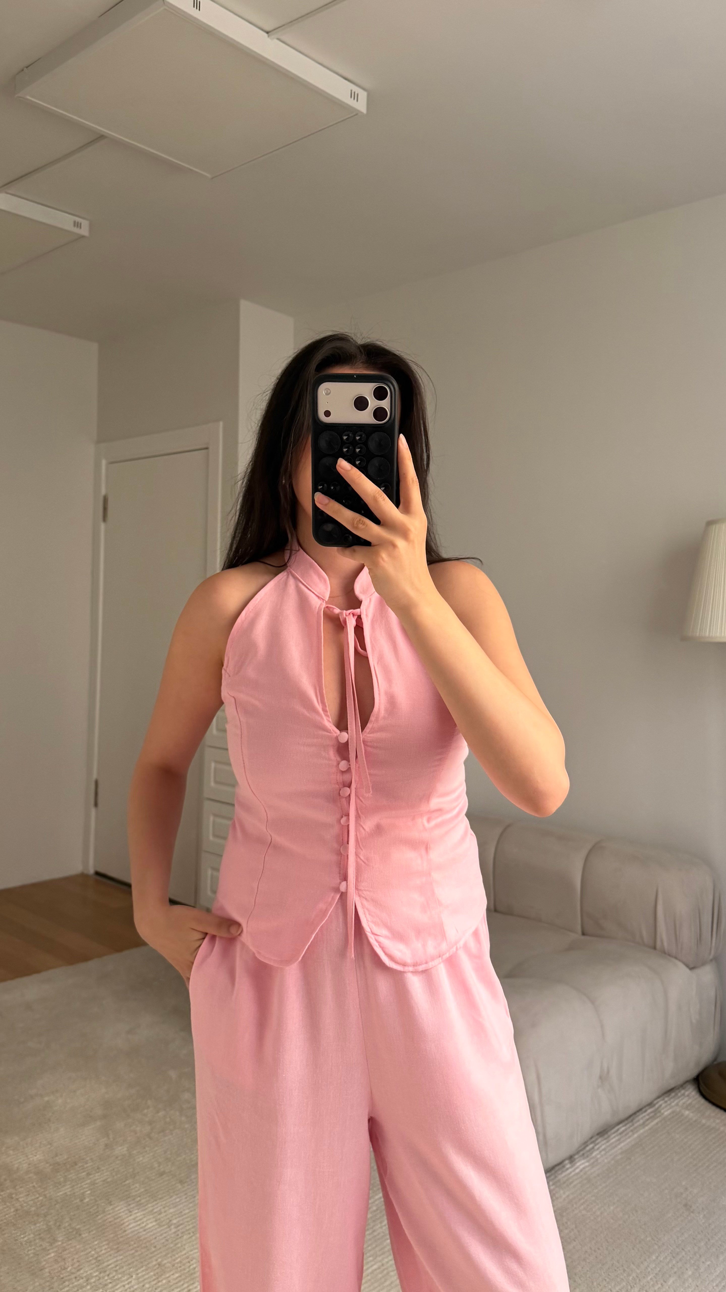 Pembe Halter Yaka Düğmeli Bluz Keten  Takım