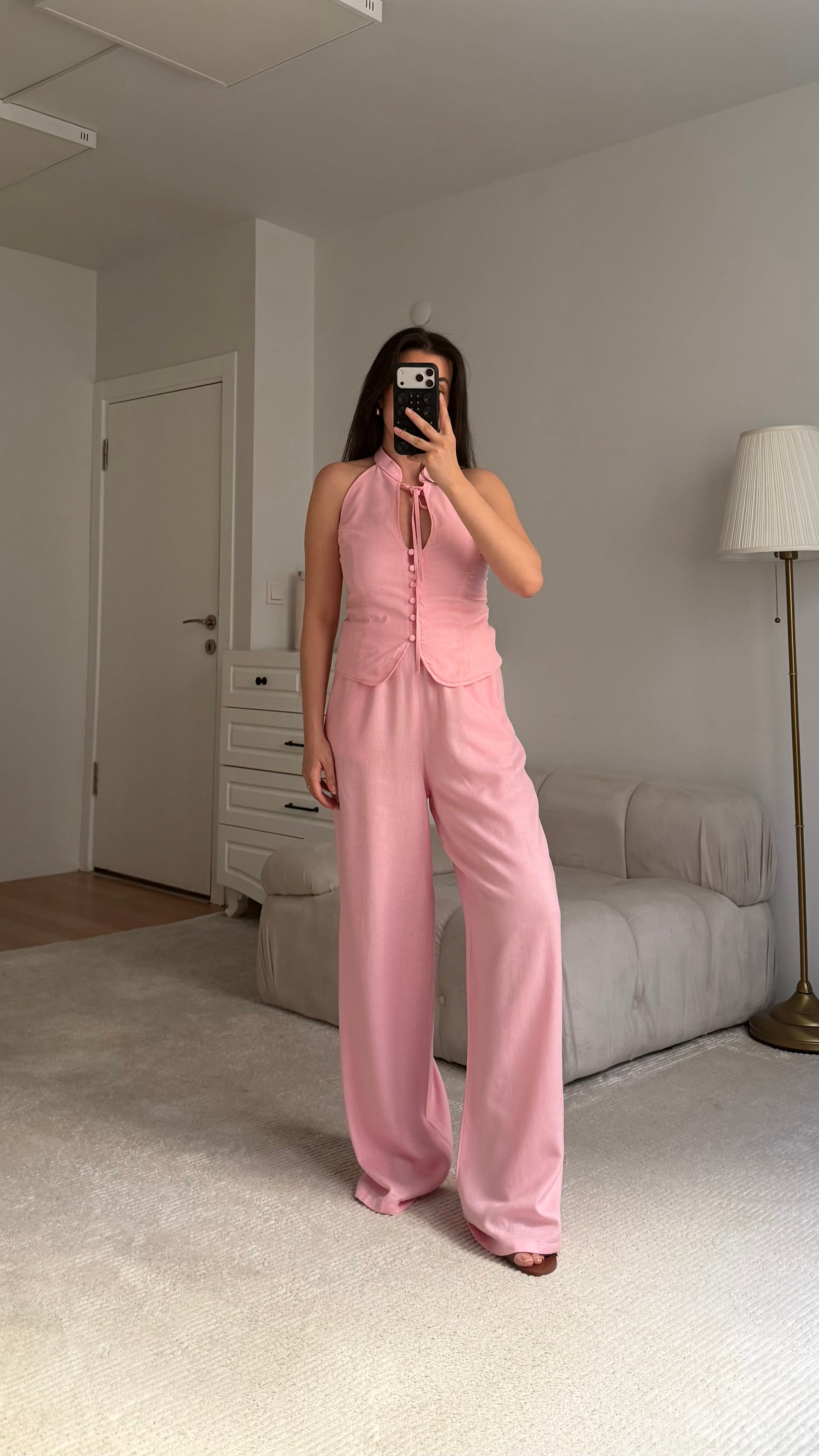Pembe Halter Yaka Düğmeli Bluz Keten  Takım