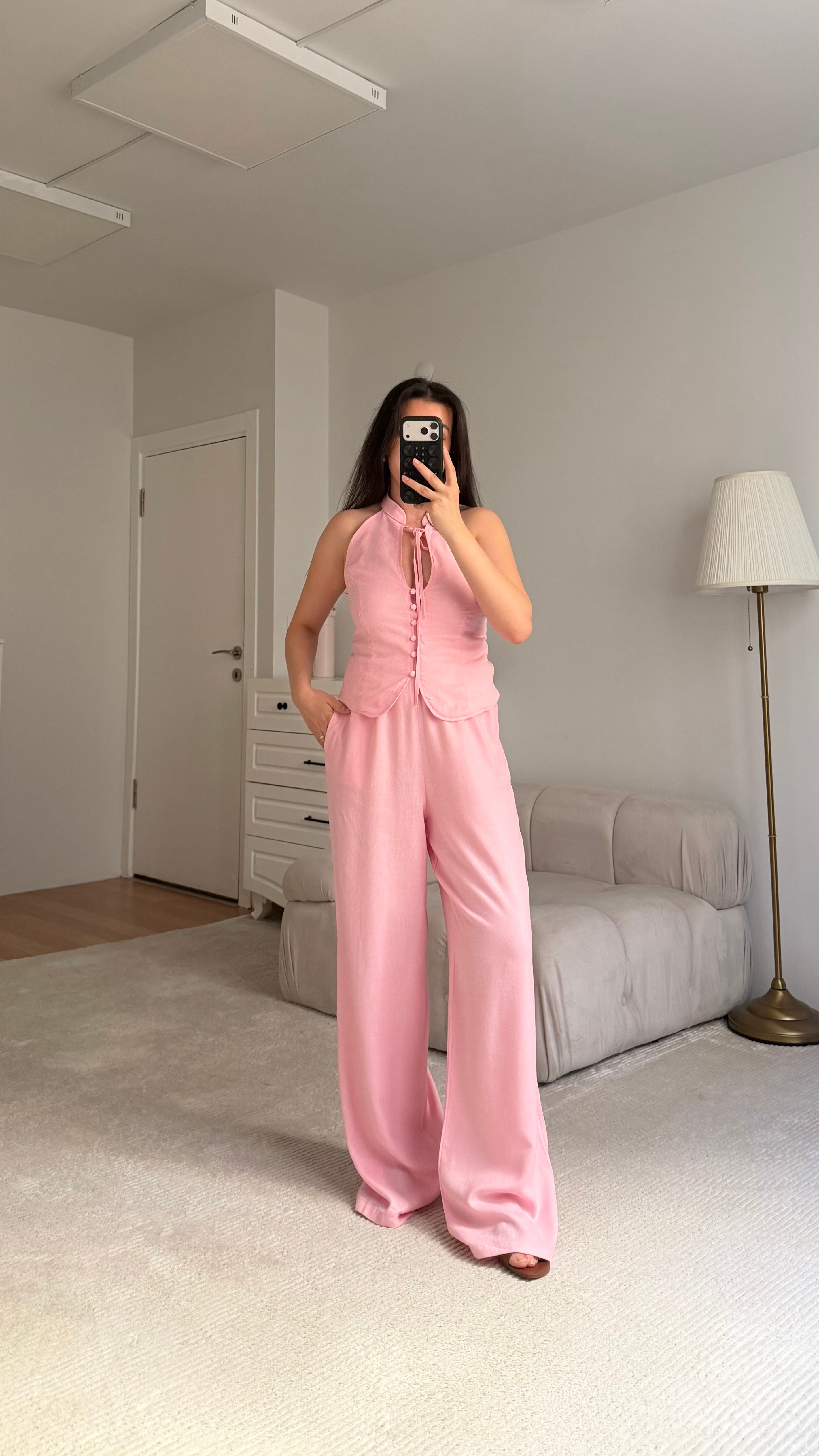 Pembe Halter Yaka Düğmeli Bluz Keten  Takım