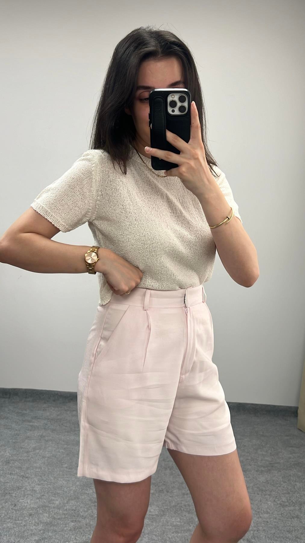 Pembe Pens Detay Bermuda Şort