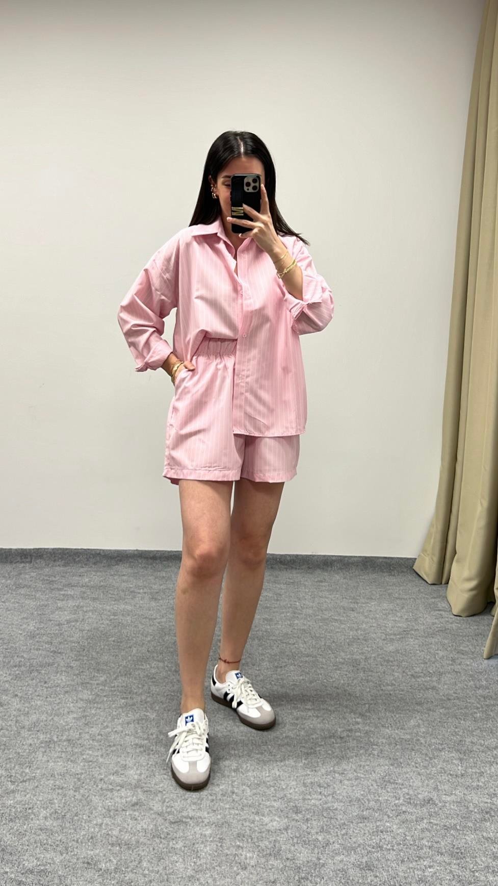 Pembe Pijama Tipi Gömlek Şort Takım