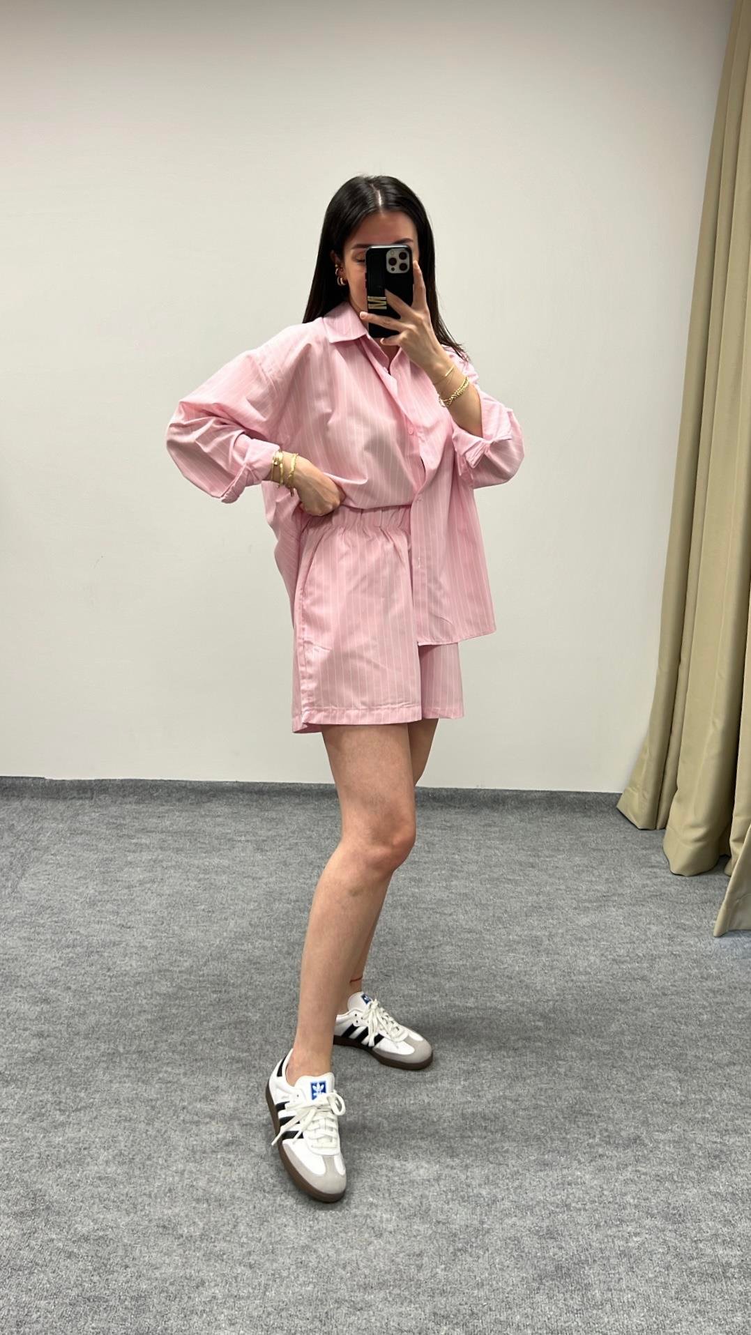 Pembe Pijama Tipi Gömlek Şort Takım