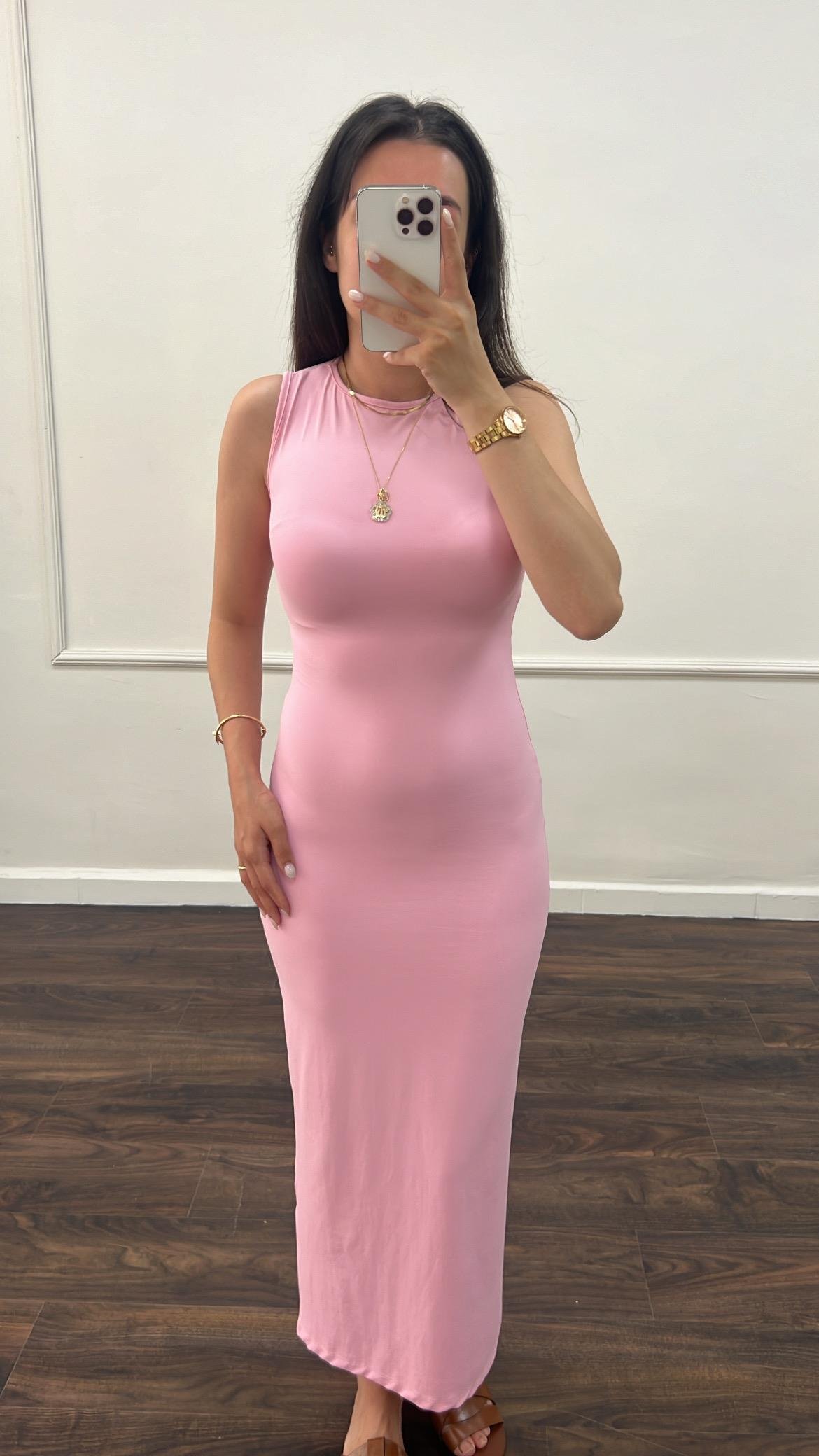 Pembe Soft Touch Sıfır Kol Maxi Elbise