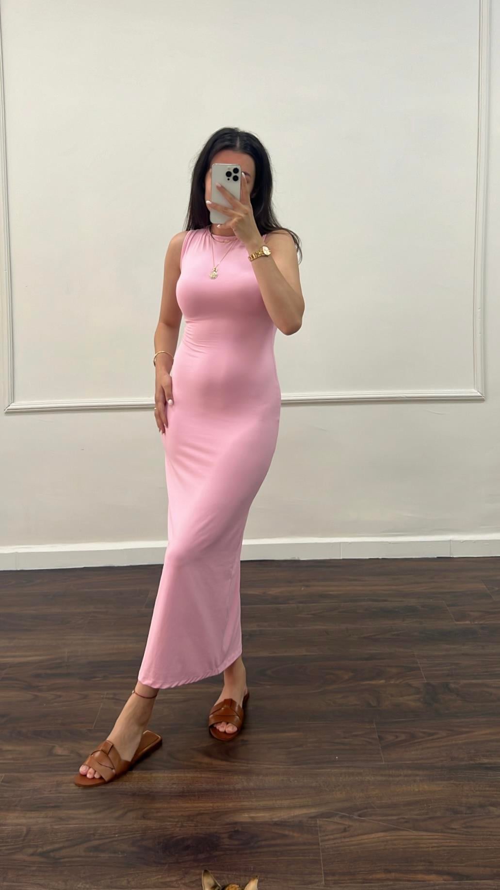 Pembe Soft Touch Sıfır Kol Maxi Elbise