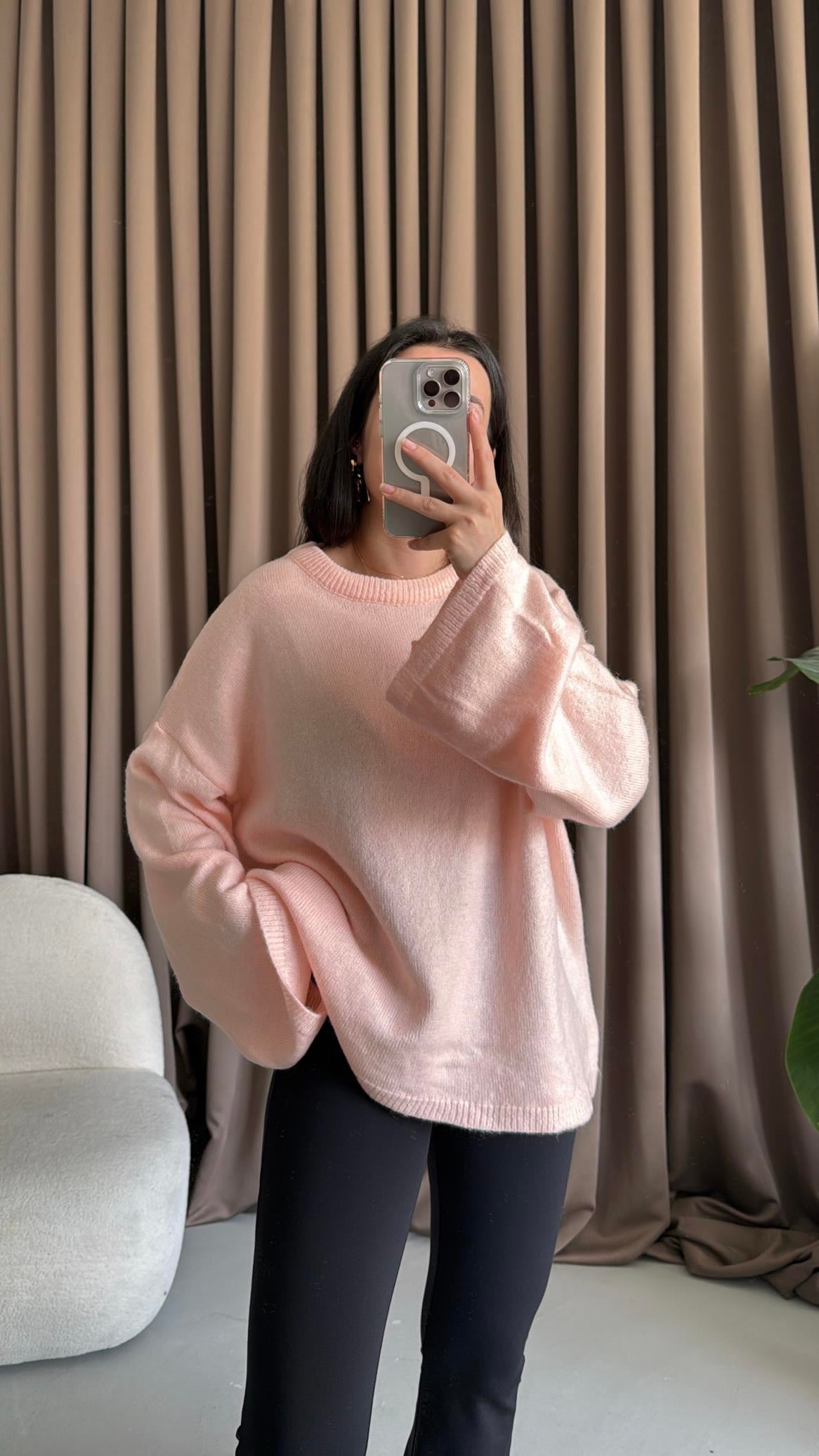 Pudra Bisiklet Yaka Oversize Triko Kazak