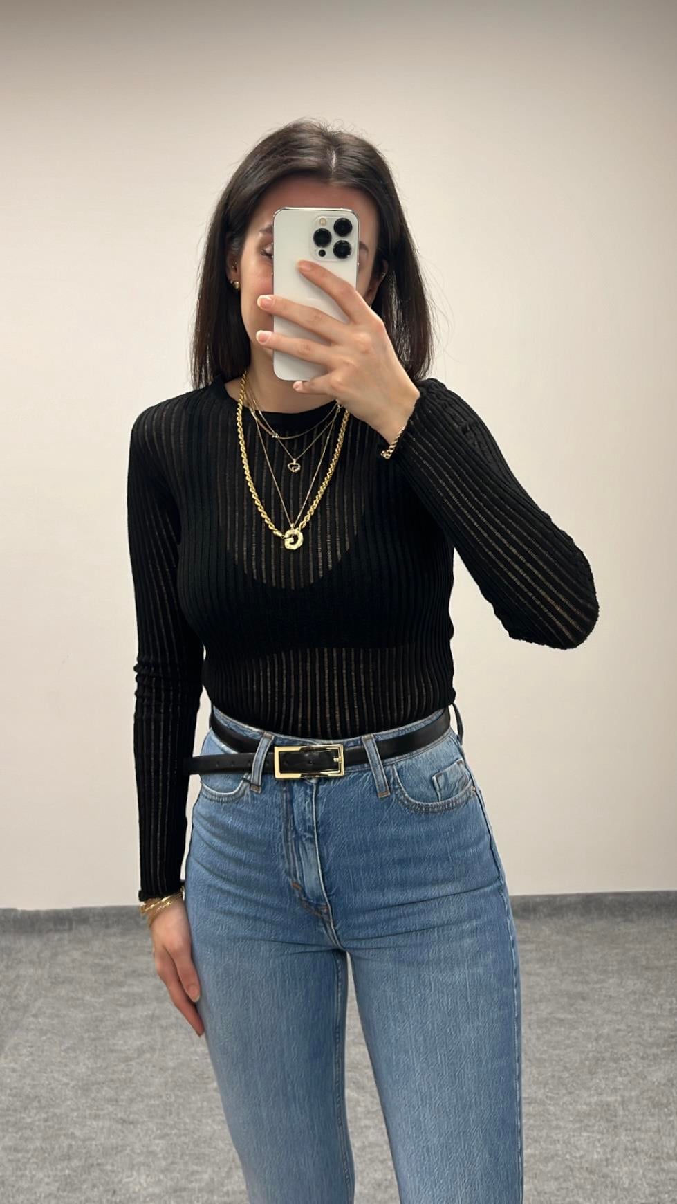 QUB SİYAH TRANSPARAN BLUZ