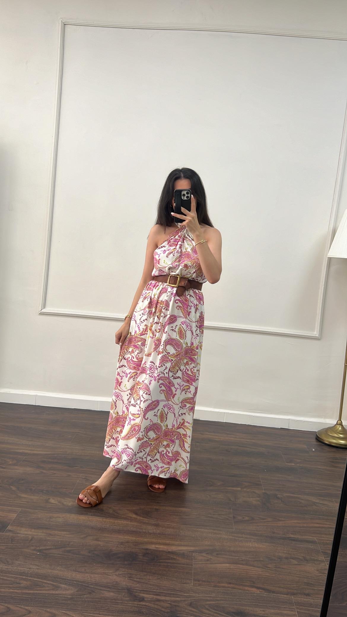 Rever Halter Yaka Pembe Desenli Cepli Elbise