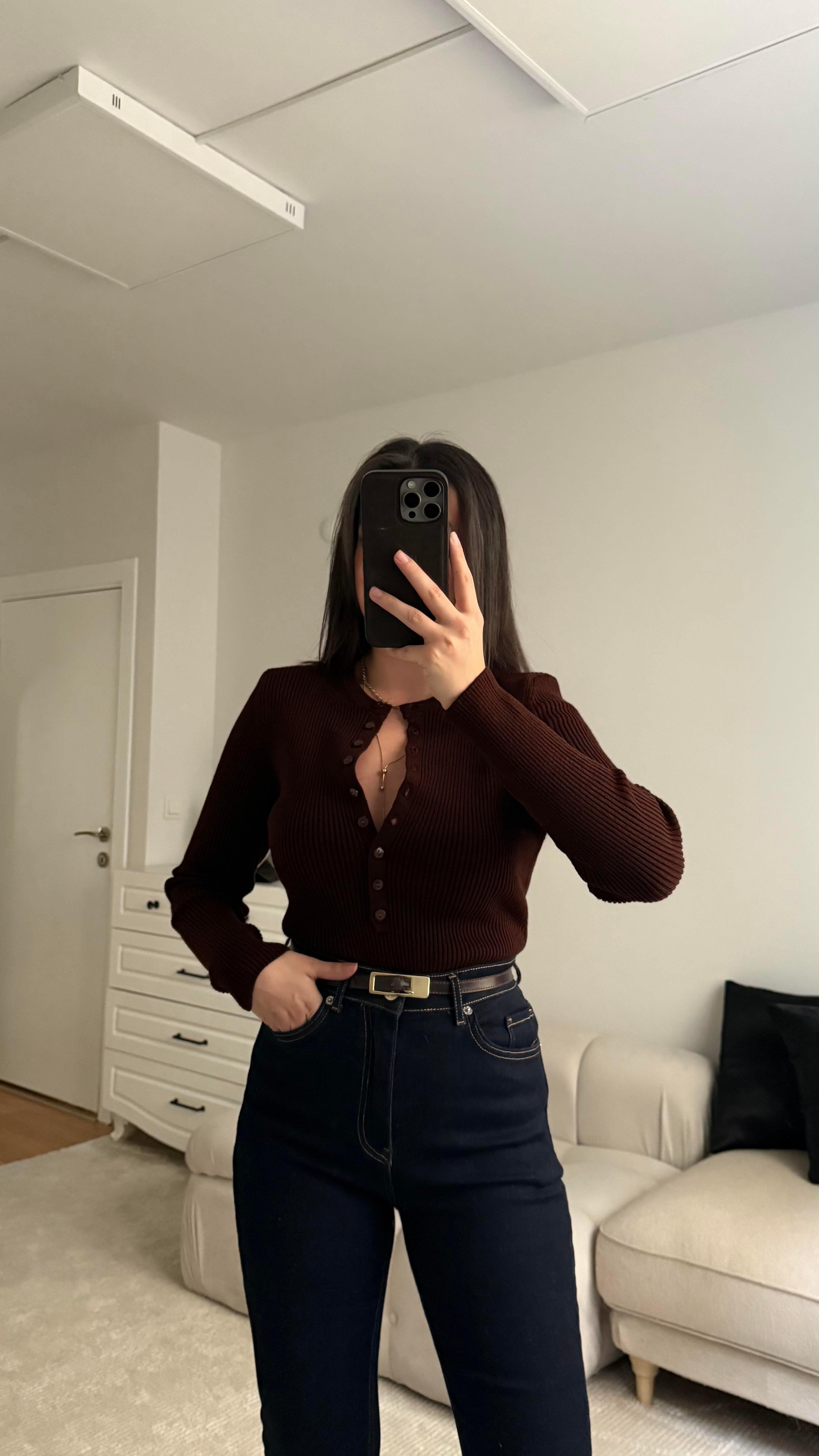 Rey Acı Kahve Full Düğmeli Triko