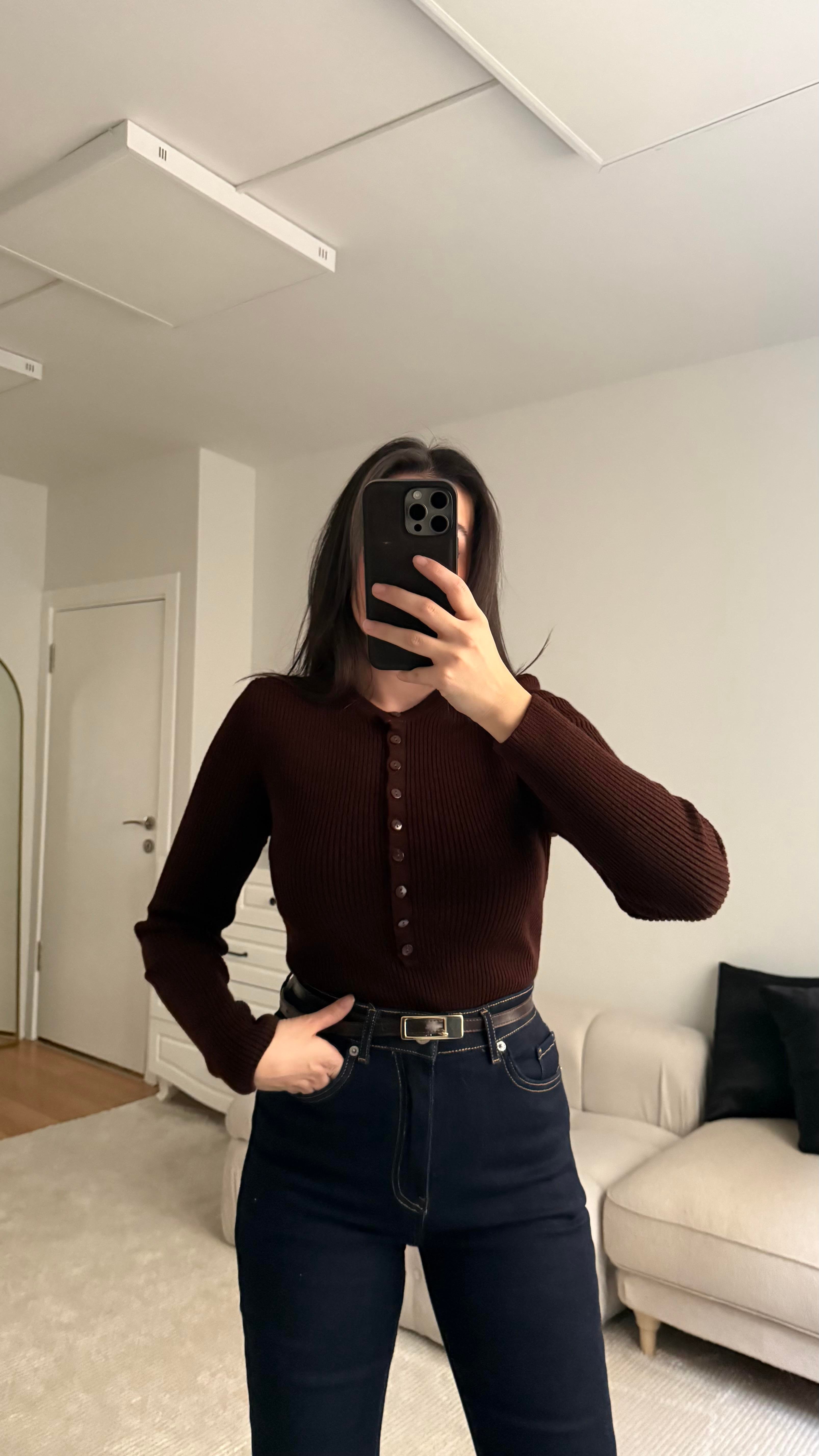Rey Acı Kahve Full Düğmeli Triko